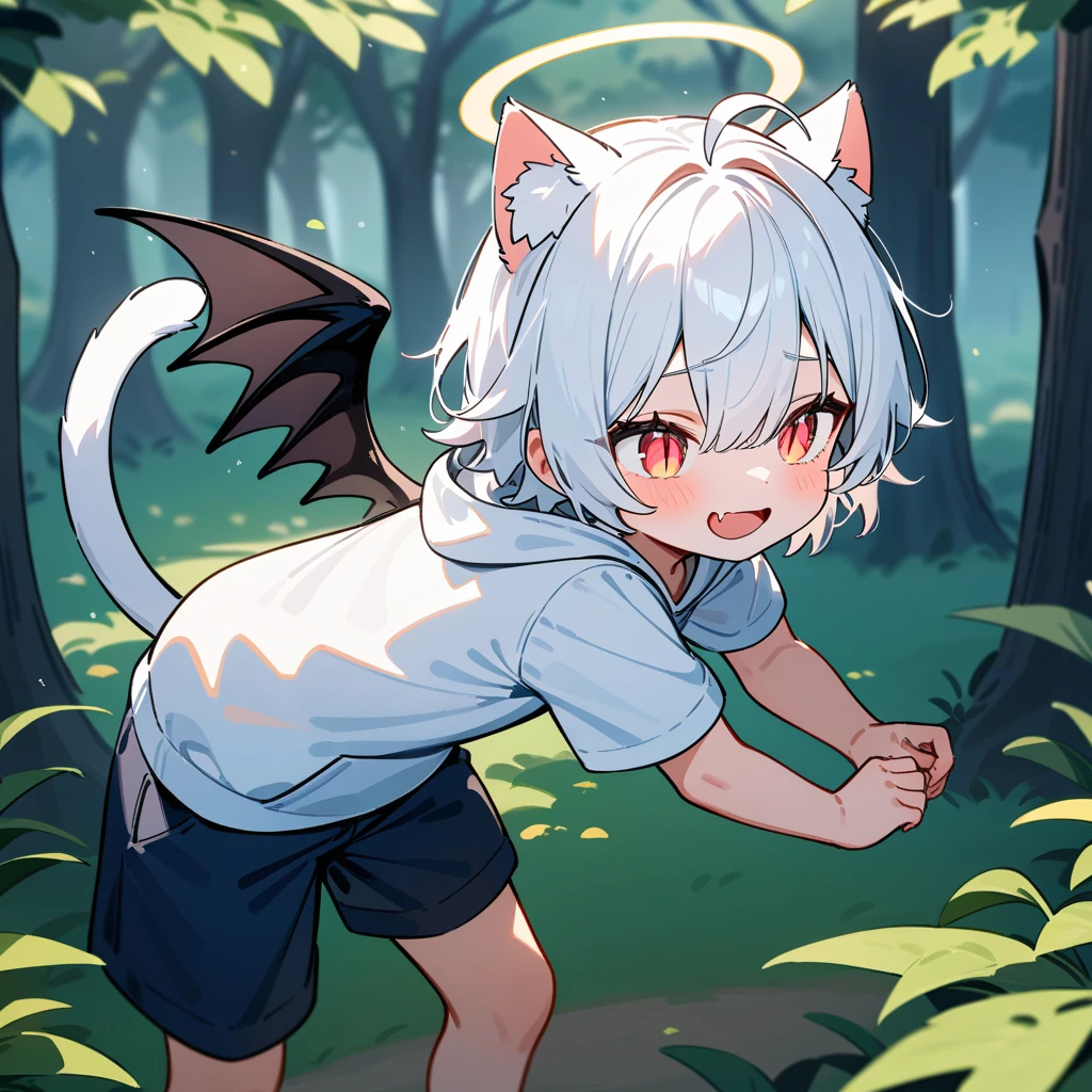 （masterpiece：1.2，high quality），8K，High resolution，A seven-year-old boy，cute boy，white hair，short hair，light red eyes，slit pupils， ahoge，cat ears，laughing，fang out，Halo，It has black wings on the back，Wearing a white hoodie，Dark blue shorts，Stand in the forest，There are flowering trees on both sides.，primary school student，thigh，alone，demon tail