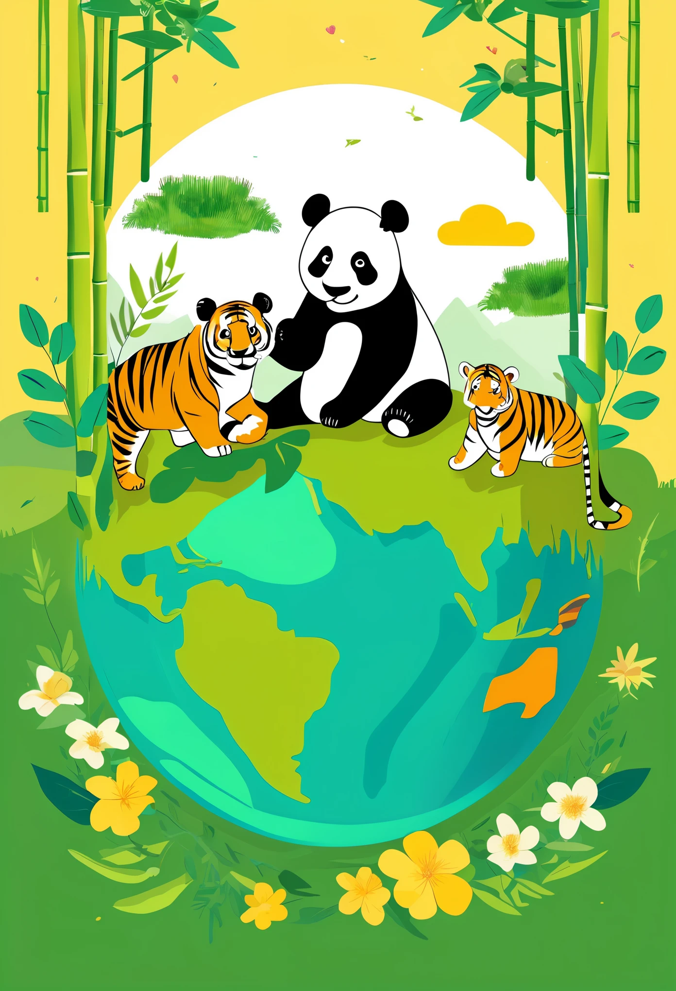 Earth Day poster, flat illustration, super cute Chinese giant panda eating bamboo and tiger, lion, elephant in green spherical earth, trees, flowers, landscapes, blue, green, yellow, simple background, center composition, bright colors, light and shade contrast, ultra high detail, 4k, flat illustration