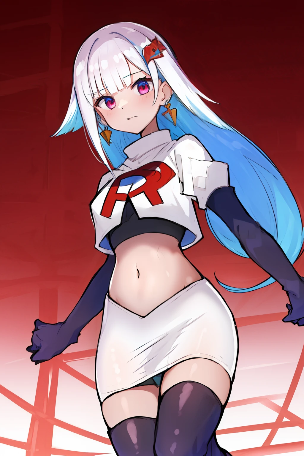 1 girl, alone ,hair covers one eye, hair ornaments ,earrings ,team rocket,team rocket uniform,white skirt,red letter R,crop top,black thigh-highs,black elbow gloves