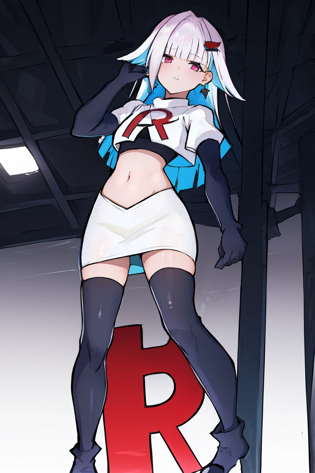 1 girl, alone ,hair covers one eye, hair ornaments ,earrings ,team rocket,team rocket uniform,white skirt,red letter R,crop top,black thigh-highs,black elbow gloves