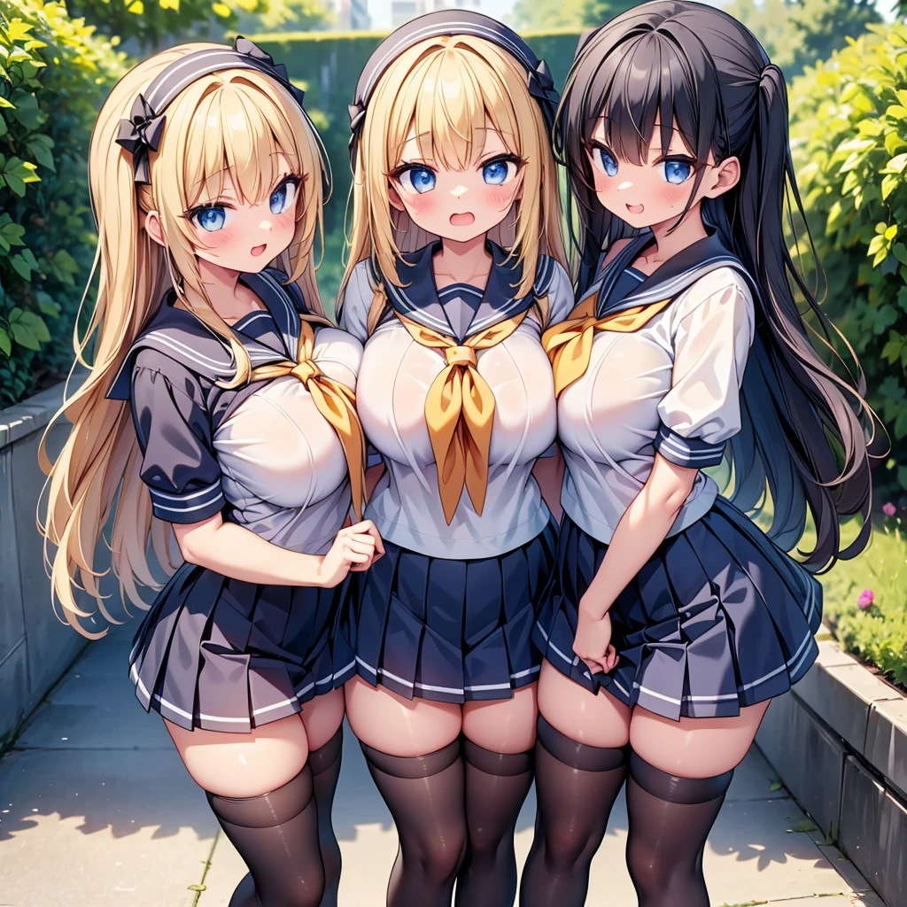 highest quality,wonderful,finely,extremely detailed CG Unity 8K wallpaper, (Stand in line:1.2), (3 girls, cute eyes, sailor uniform, clothed), (huge breasts), (open mouth:1.1), (long tongue:1.1), (mouth drool:1.1), (black stockings:1.1),(Thighs:1.1),(Waistline:1.1)