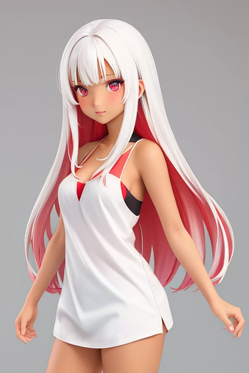 Female, tan skin, heterochromia red/white eyes, perfect split half red hair/half white hair down middle, perfect long hair, perfect,