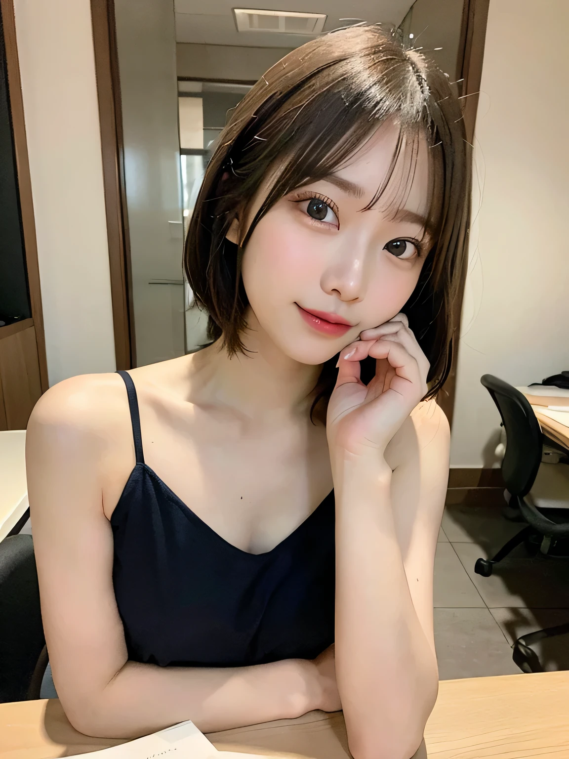 ((highest quality, 8k, Tabletop: 1.3, RAW Photos)), Sharp focus: 1.4, (1. AESPA Girl :1.1), alone, (Realistic, Realistic: 1.37), (Face Focus: 1.2), Cute face, Ultra detailed face, Short, unkempt hair, Small breasts, Flat Chest, nude, Chiffon panties, Office Room,