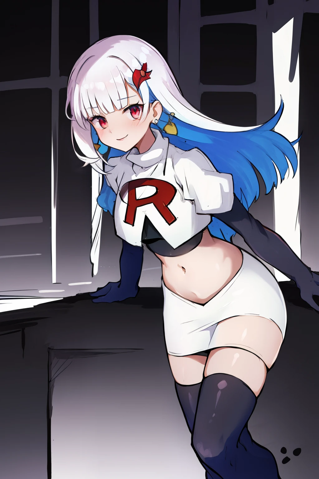 1 girl, alone ,hair covers one eye, hair ornaments ,earrings ,team rocket,team rocket uniform,white skirt,red letter R,crop top,black thigh-highs,black elbow gloves