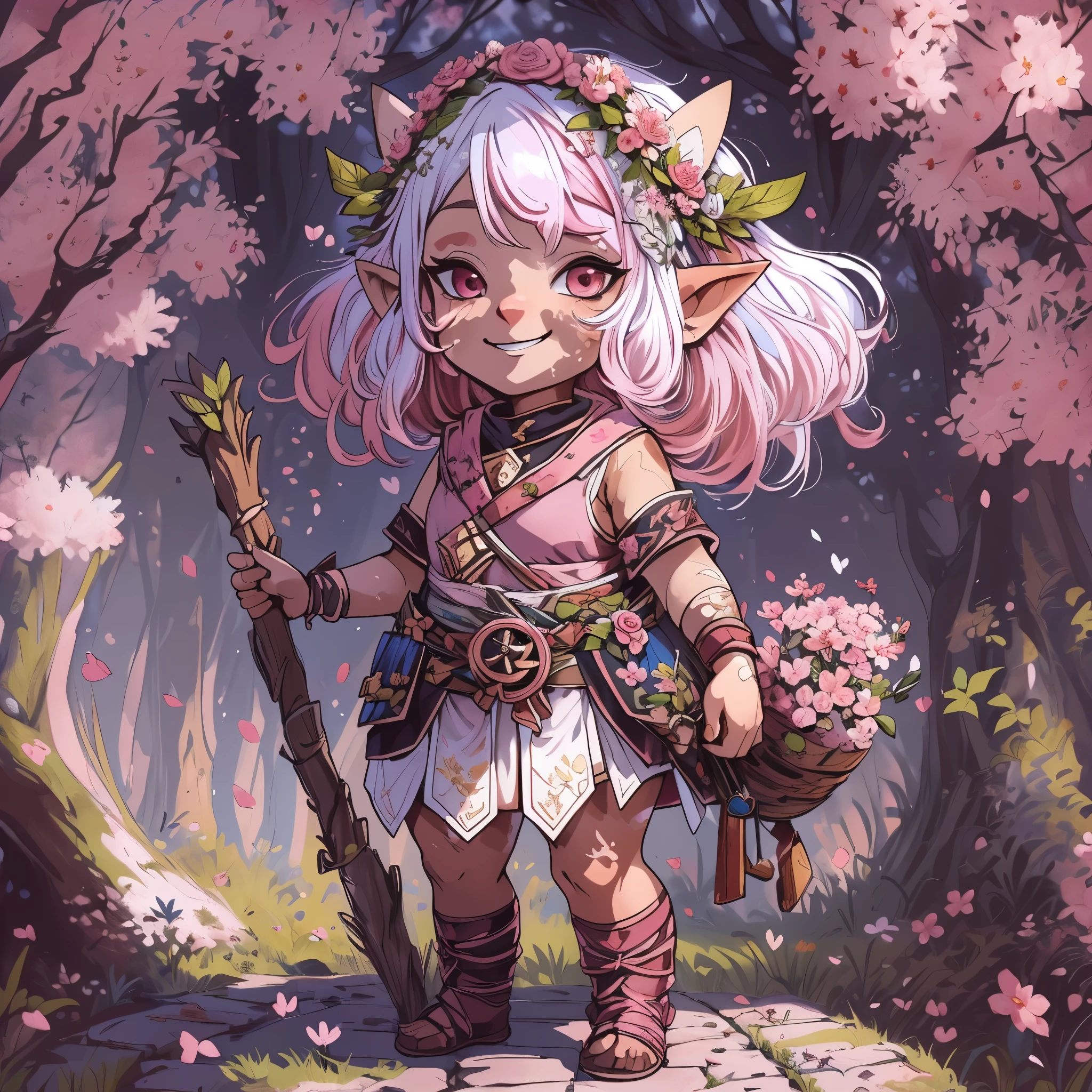 (extremely detailed), (high resolution), (8K), (extremely detailed), Full body Shot, female, young, (D&D gnome), ((pink hair with lock of white hair)), smiling, flower crown, wearing druid clothes, (vitiligo skin), Background: sunny cherry blossom forest.