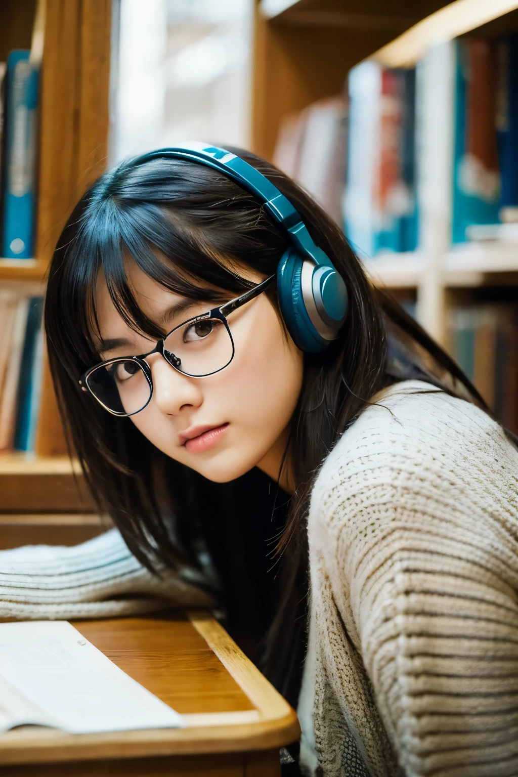 Tabletop, highest quality, Japanese girl,One Girl, 8k, RAW Photos, highest quality, Tabletop, んdebtdebt:1.2, Highly detailed RAW color photos, Professional Photos, (Realistic, Realistic:1.37), (Highly detailed skins:1.2), Ultra-high resolution, (Lenz 50mm), (debt/1.2),Exquisitely drawn eyes, Break 24 years old, Black Hair, Long Hair, oval frame glasses, library, Wearing headphones, study, study by window, Night view from the window, White beautiful skin, knit, (avert your eyes:1.1)