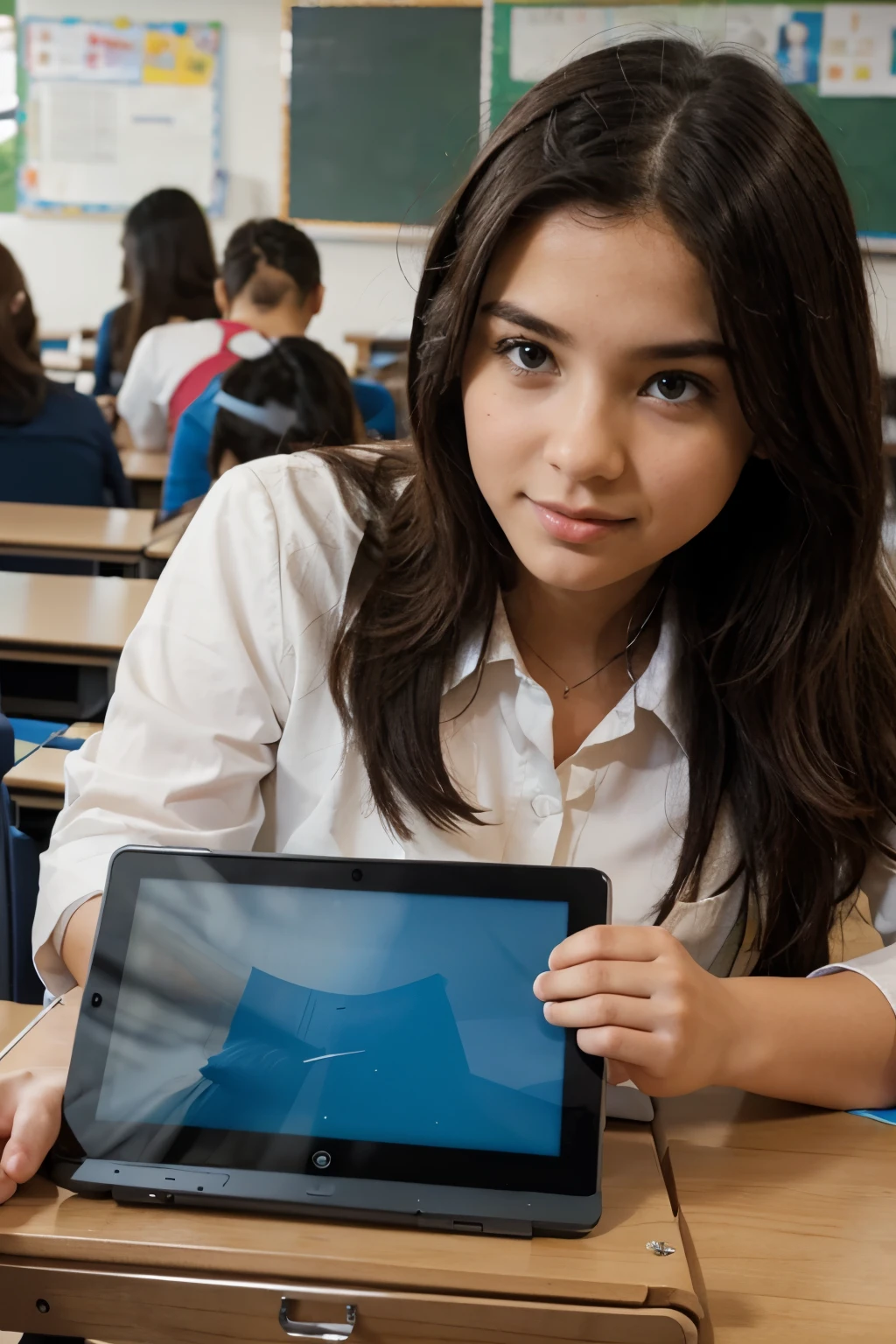 A girl sat at desk her math book open but she scrolling her mobile