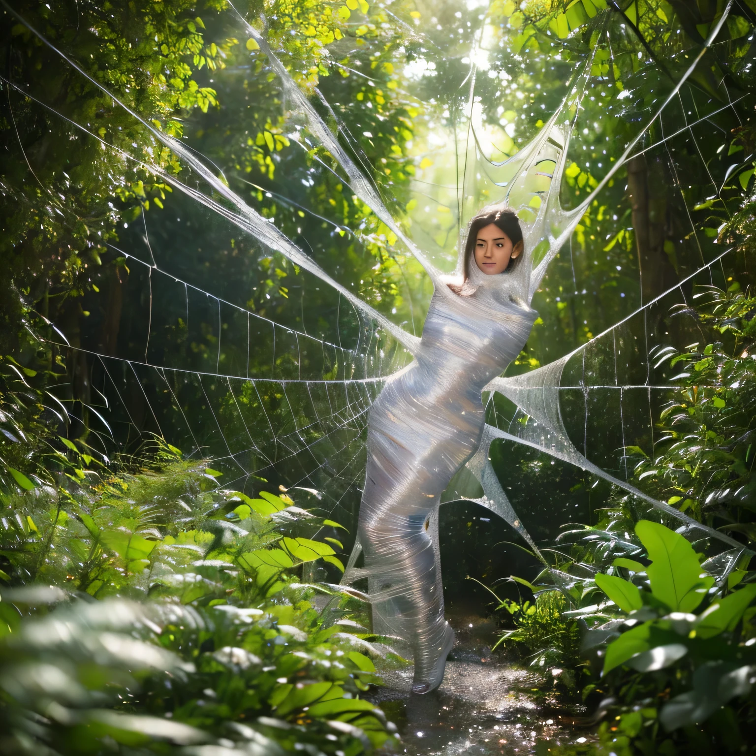 (a) fairy, beautiful,detailed wings, detailed dress, detailed face, (highres:1.2), (realistic:1.37)
medium: oil painting,spider web
(a) girl, trapped, hanging, (best quality, 8k, highres:1.2), (realistic, photo-realistic: 1.37)
spider web, dense, delicate, intricate
(garden) plants, flowers, vibrant colors
(light) soft, ethereal, sunlight filtering through the trees
(d) cobweb, sticky strands, shimmering
(cocoon) silk, translucent, wrapped tightly