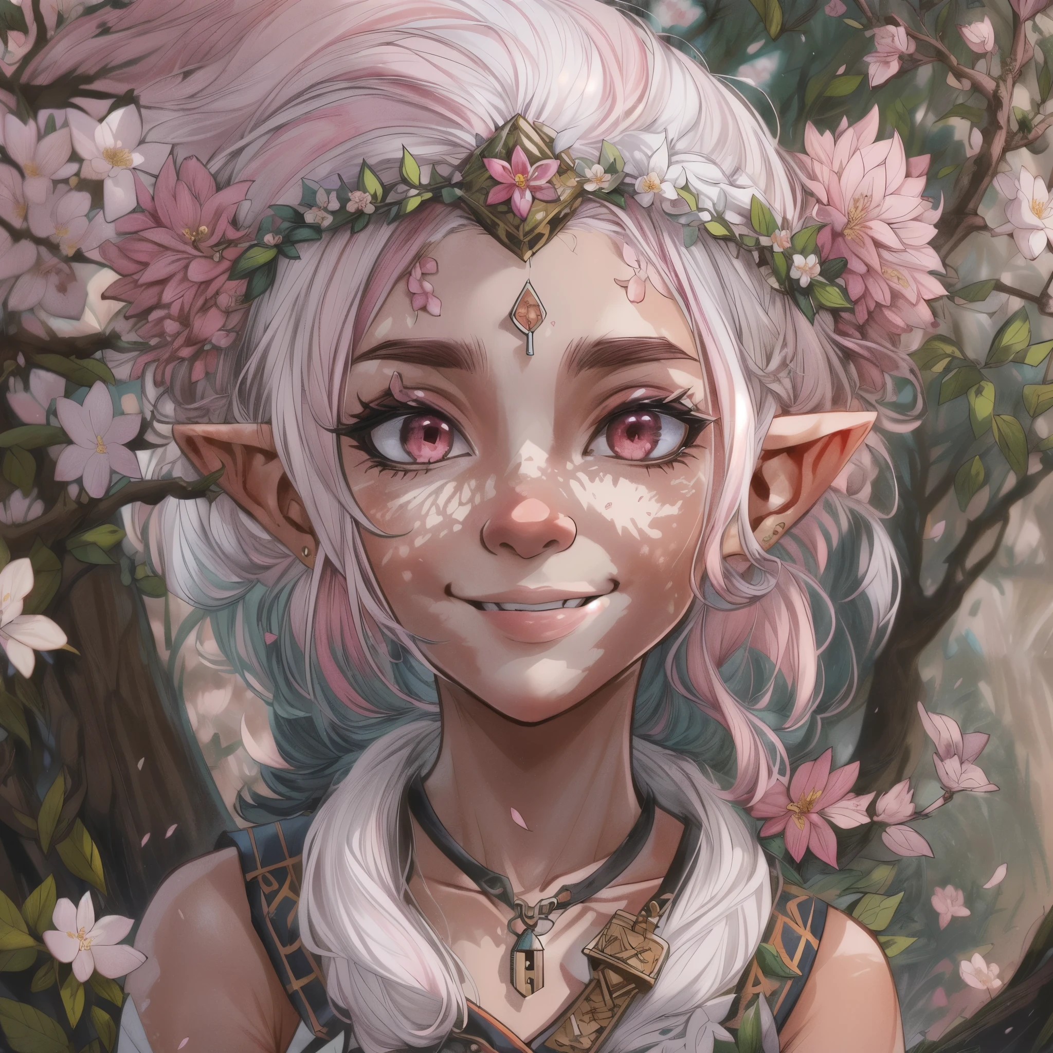 (extremely detailed), (high resolution), (8K), (extremely detailed), Full body Shot, female, young, (D&D gnome), ((pink hair with lock of white hair)), smiling, flower crown, wearing druid clothes, (vitiligo skin), Background: sunny cherry blossom forest.