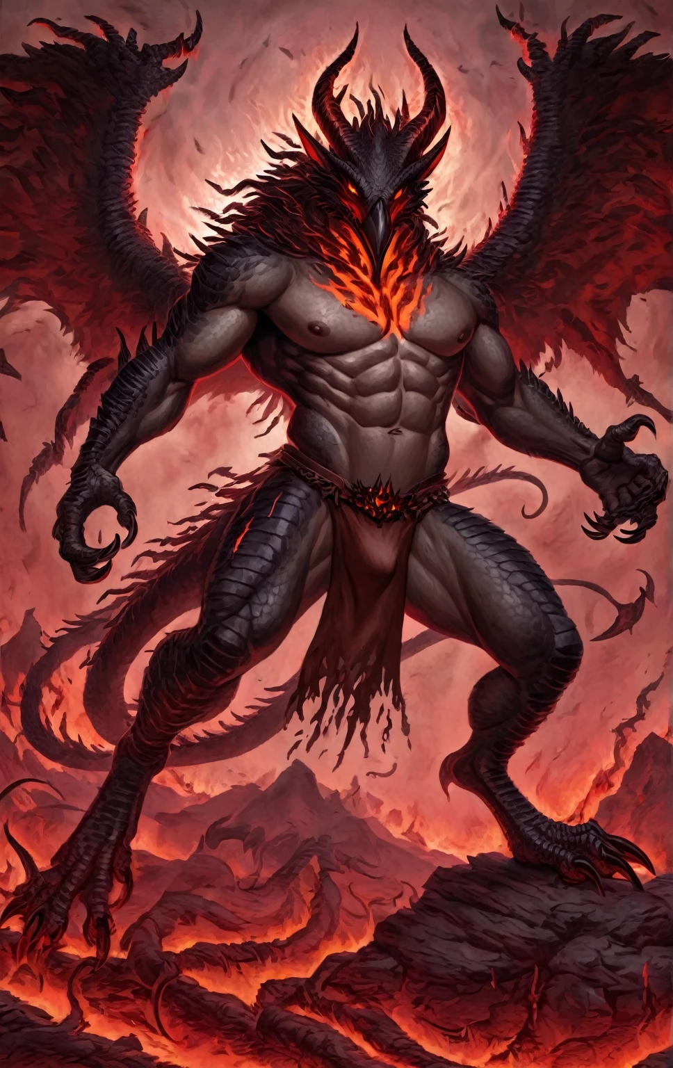 Demonic bird anthro warrior,comic book style, illustration, solo, abs, detailed scales, majestic horns, ferocious, male, [[badass pose]], nipples, masterpiece, best art, loincloth, full body, digitigrade, 