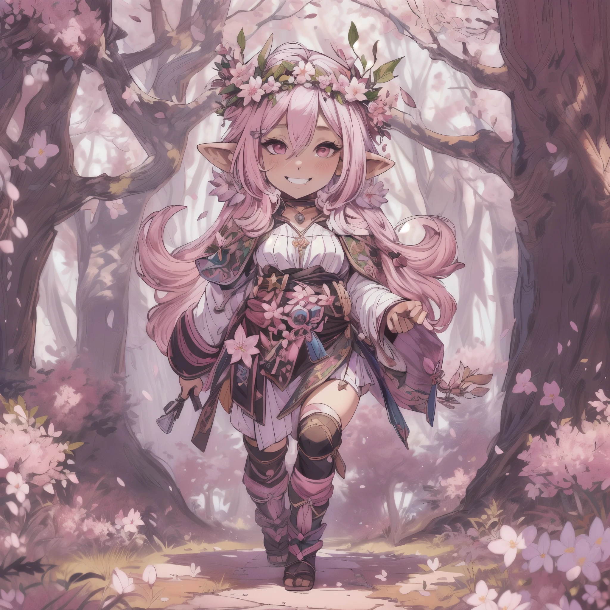 (extremely detailed), (high resolution), (8K), (extremely detailed), Full body Shot, female, young, (D&D gnome), ((pink hair with lock of white hair)), smiling, flower crown, wearing druid clothes, (vitiligo skin), Background: sunny cherry blossom forest.