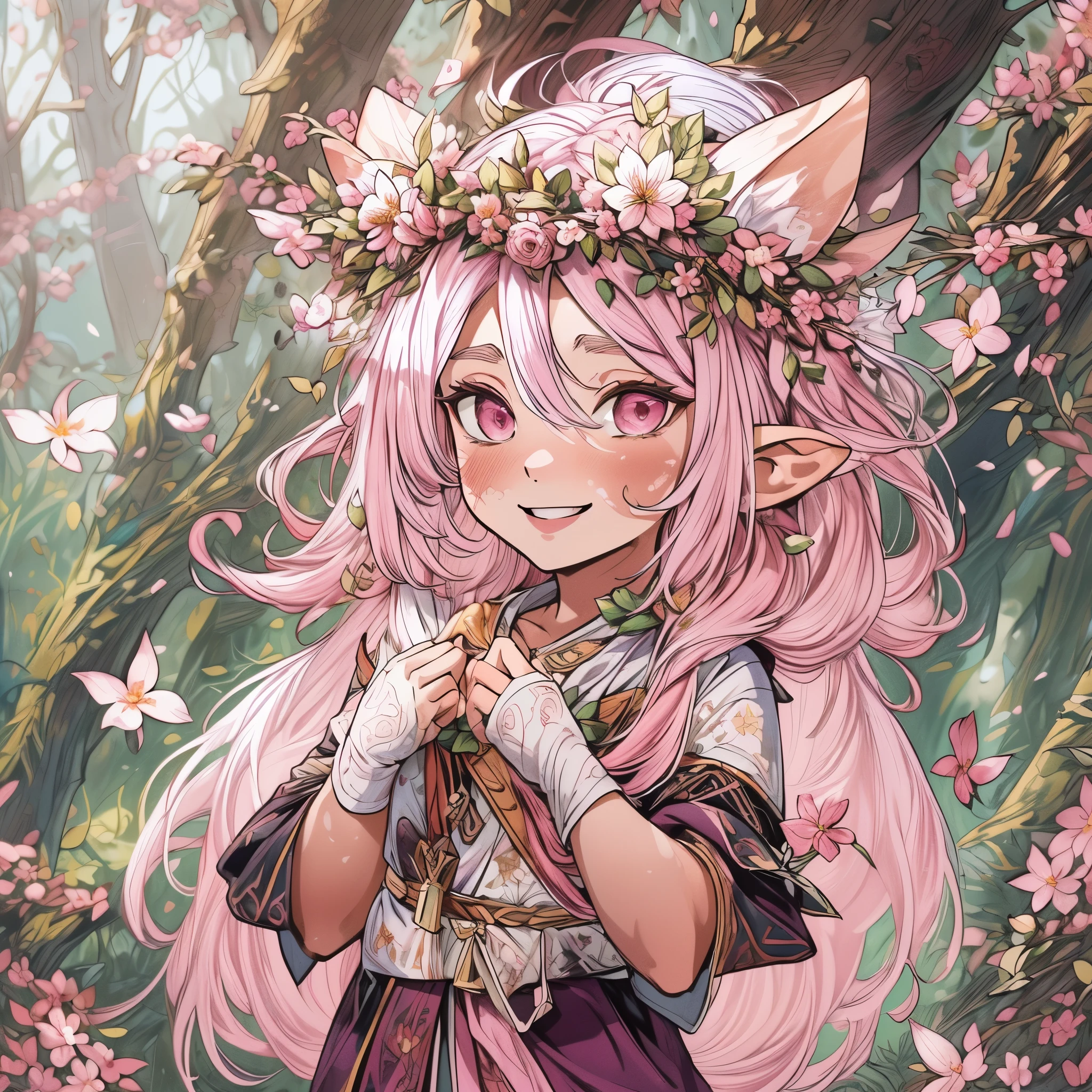 (extremely detailed), (high resolution), (8K), (extremely detailed), Full body Shot, female, young, (D&D gnome), ((pink hair with lock of white hair)), smiling, flower crown, wearing druid clothes, (vitiligo skin), Background: sunny cherry blossom forest.