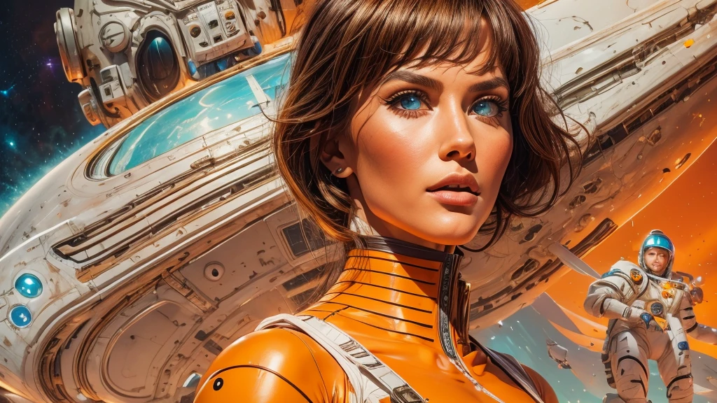 arafed image of a white woman in a futuristic suit with a spaceship in the background, movie art, in front of an orange background, inspired by Robert McGinnis, female protagonist, megastructure in the background, portrait of an ai astronaut, astronauts, an astronaut, portrait of a astronaut skeletor, perfect android girl, detailed eyes, perfectly detailed teeth, frank franzzeta and sakimichan