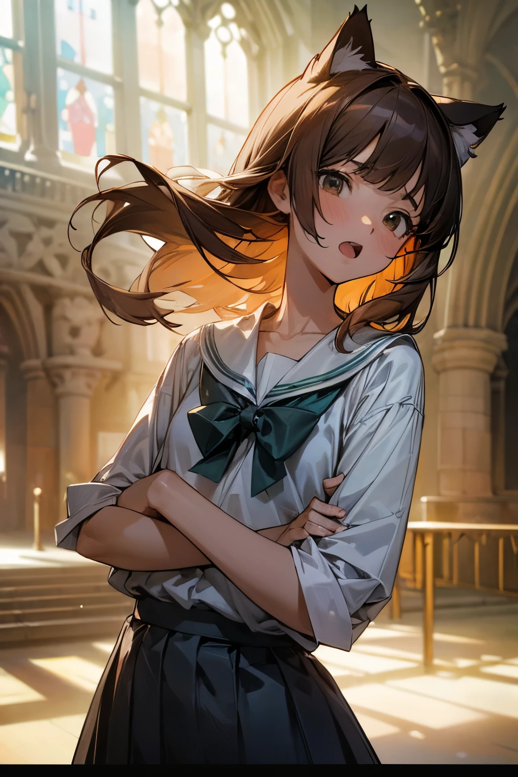((Masterpiece)), ((best quality)), (Anime:1.3), (RAW photo:1.2),(High Definition:1.3), (Professional Photography:1.4), ((12 years old)), 8K, Glossy skin, cinematic lighting, 1girl, wide-shot, (cute school uniform), (Cute innocent little girl), slendar body, small breast, glossy hair, (curtained hair), (loose blunt bangs), ((:3)), open mouth, fang out, (Surprising face), beautiful collarbones, (slightly exposed barearms), (put on Cat ears), pale brown hair, Hair that flutters in the wind, BREAK, ((best quality)), wide shot, Surprising pose, (Surprising pose in the Sagrada Familia), summerday, Beautiful ruins Background,