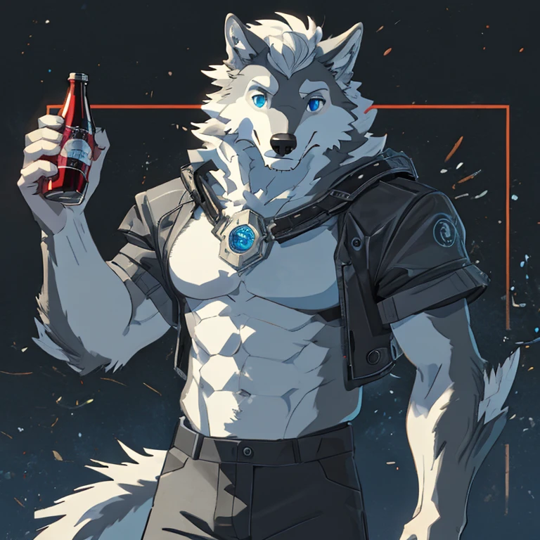 White and gray wolf illustration、Professional Technology、pelaje suave y esponjoso 、pelo no tan largo de color gris con un mechon blanco、Blue eyes、normal physique、edad19、ojos pesados、cola larga y esponjosa 、sin ropa alguna 、Illustration of only the upper body from the waist up.、garabatear