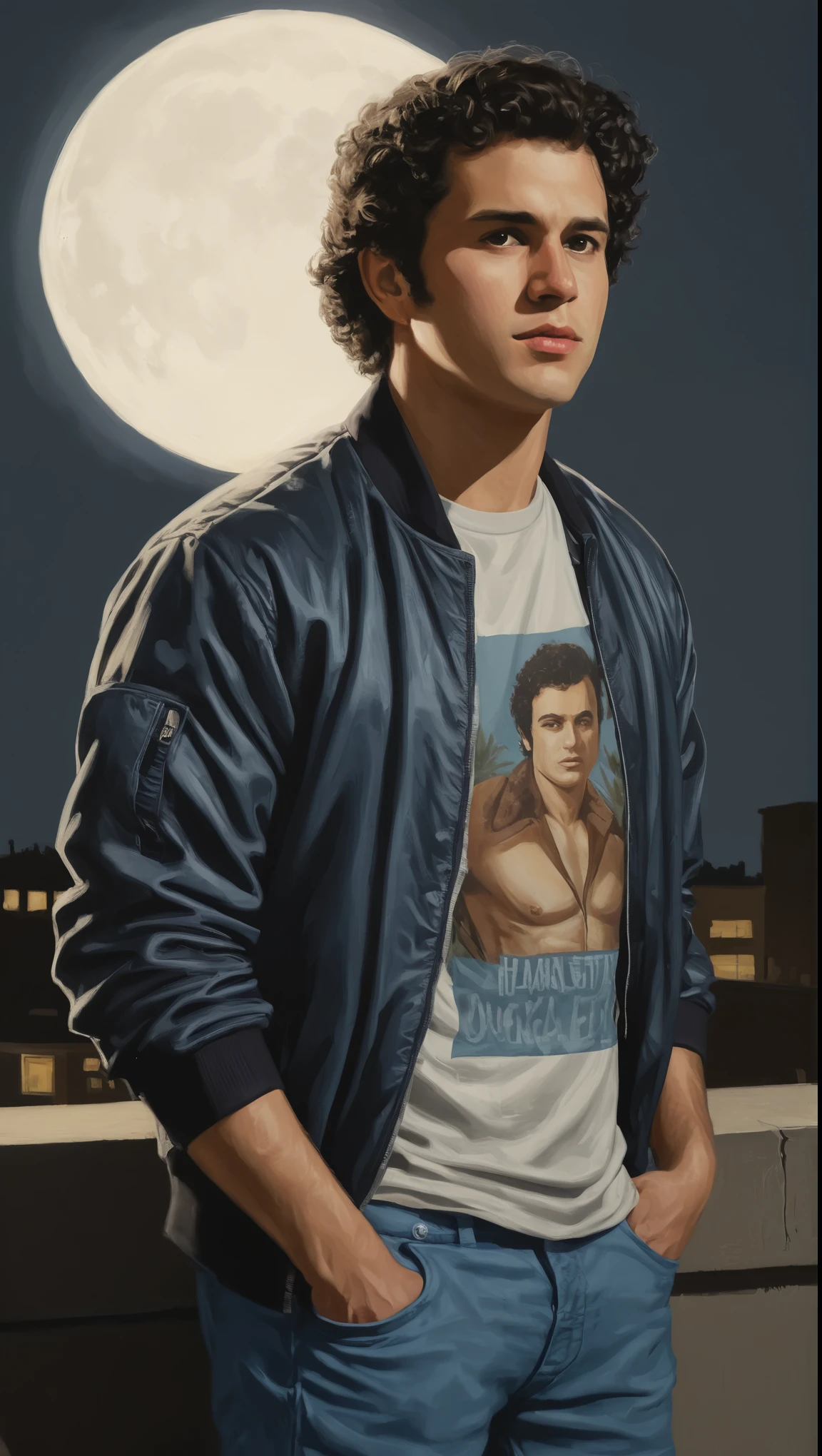 An illustrated movie poster, hand-drawn, full color, a vigilante man, 30 years-old, wearing a bomber jacket and a Hawaiian shirt, stocky, soft doughy physique, deep brown eyes, wide bulbous nose, full lips, black hair, curly hair, thick bushy eyebrows, extremely hairy chest, stomach, and arms, lots of body hair, posing on a moonlit rooftop, hard shadows, graphite shading, stencil markings, airbrushed acrylic paint, masterpiece, in the style of Rockstar Games