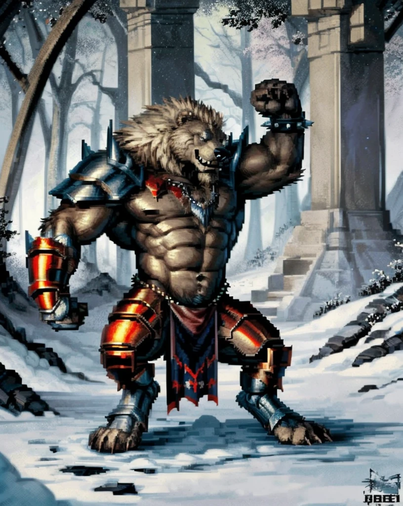 Bear warrior,comic book style, illustration, solo, viking, ferocious, male, [[proud pose]],, masterpiece, best art, armor, full body, digitigrade, by darkgem, spikes, snowy forest background, wings on back, loincloth, abs, 