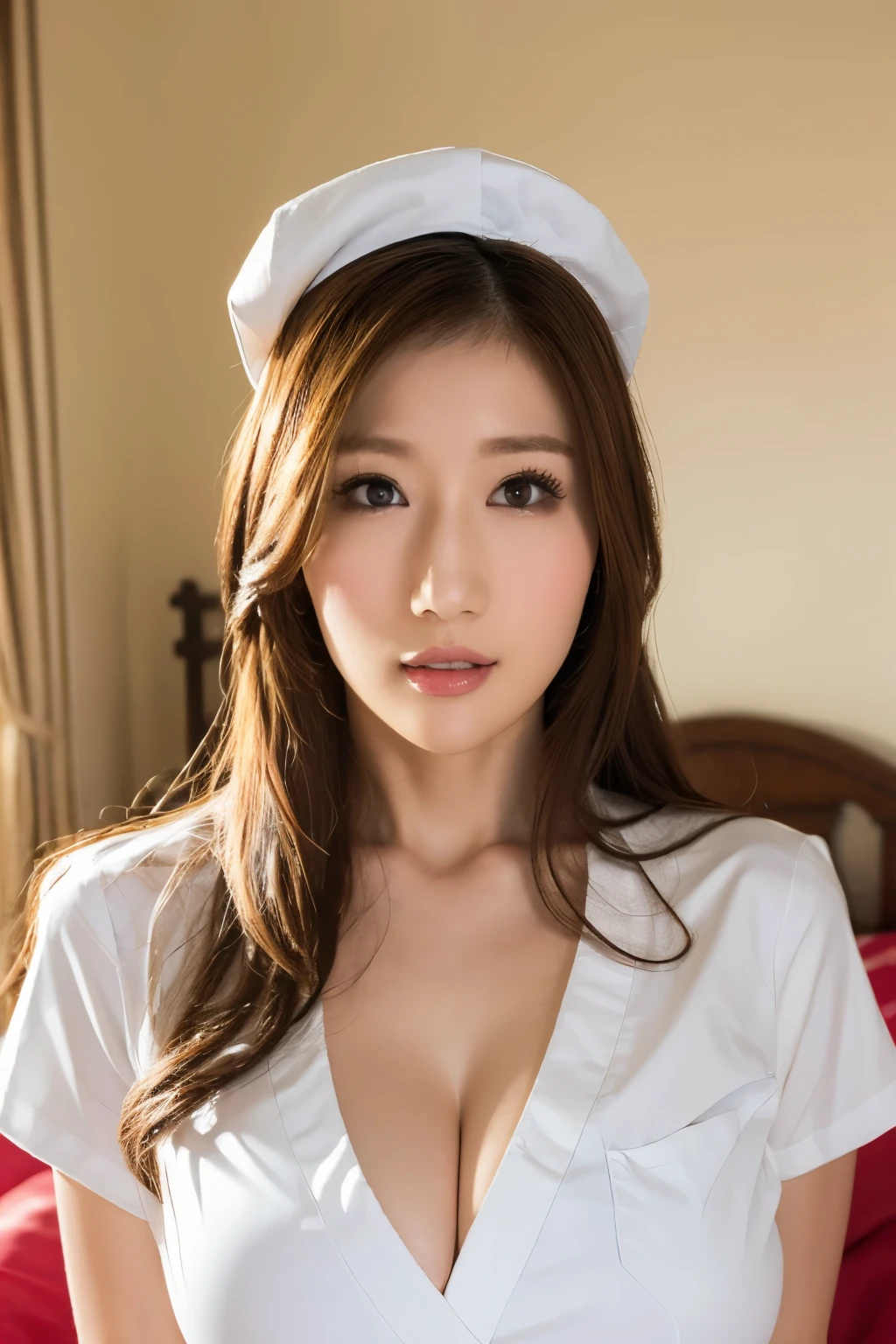 (highest quality, 8k, 32k, masterpiece, Ultra-high resolution:1.2),Beautiful Japanese Women Photos, One girl, (Big Tits)、 double eyelid, White nurse uniform, nurse (cap), White shirt, Open shirt, hospital, Patient's room, sexy、whole body、Spread your legs、On the bed