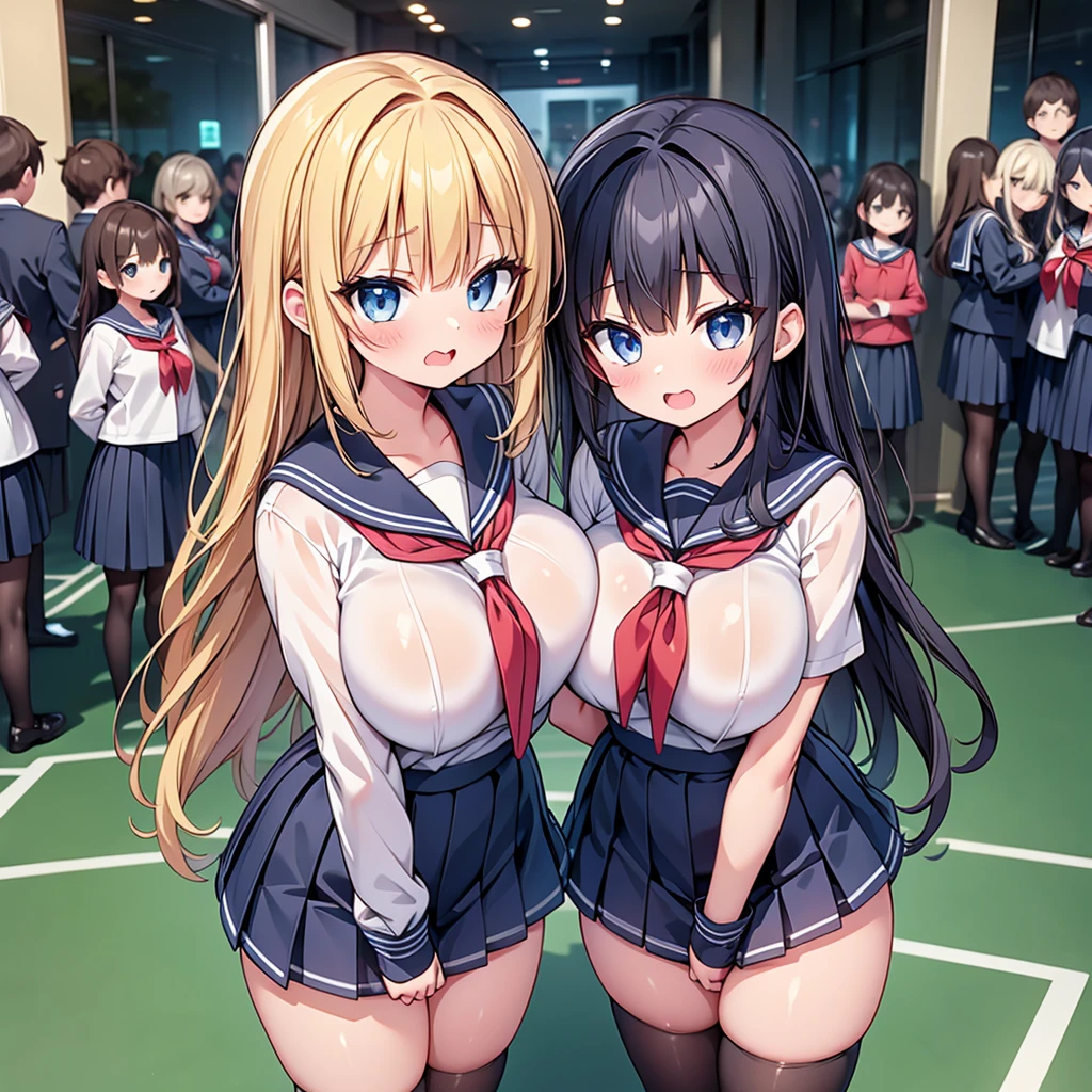 highest quality,wonderful,finely,extremely detailed CG Unity 8K wallpaper, (3 girls, Stand in line:1.3), (cute eyes, Sailor suit:1.1, clothed), (sparkling eyes:1.2), (huge breasts), (open mouth:1.1), (long tongue:1.1), (mouth drool:1.1), (black stockings:1.1),(Thighs:1.1),(Waistline:1.1),(midriff peek:1.1),