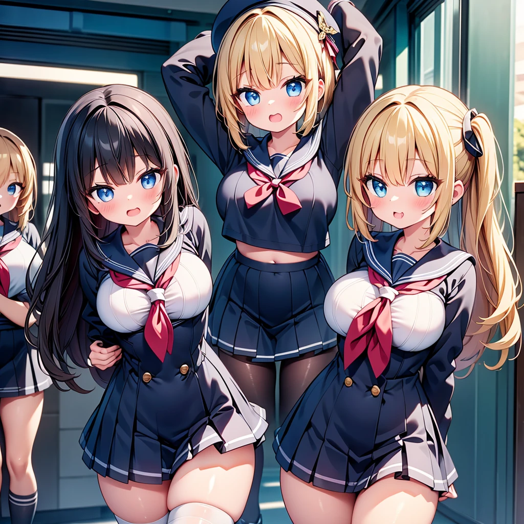 highest quality,wonderful,finely,extremely detailed CG Unity 8K wallpaper, (Stand in line:1.4), (5 girls, cute eyes, sailor uniform, clothed), (huge breasts), (open mouth:1.1), (long tongue:1.1), (mouth drool:1.1), (black stockings:1.1),(Thighs:1.1),(Waistline:1.1)