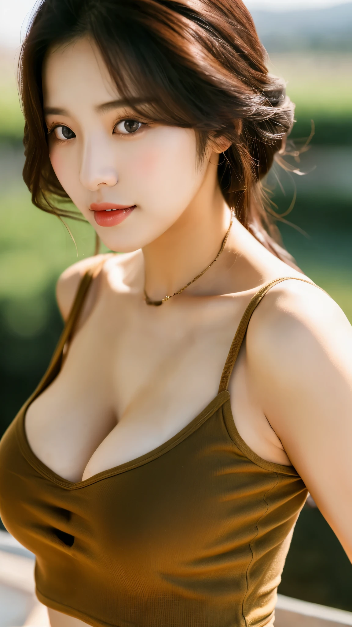 close-up of beautiful korean female, 34 inch breasts size, wearing tank top, in the vintage shop, bokeh background, UHD