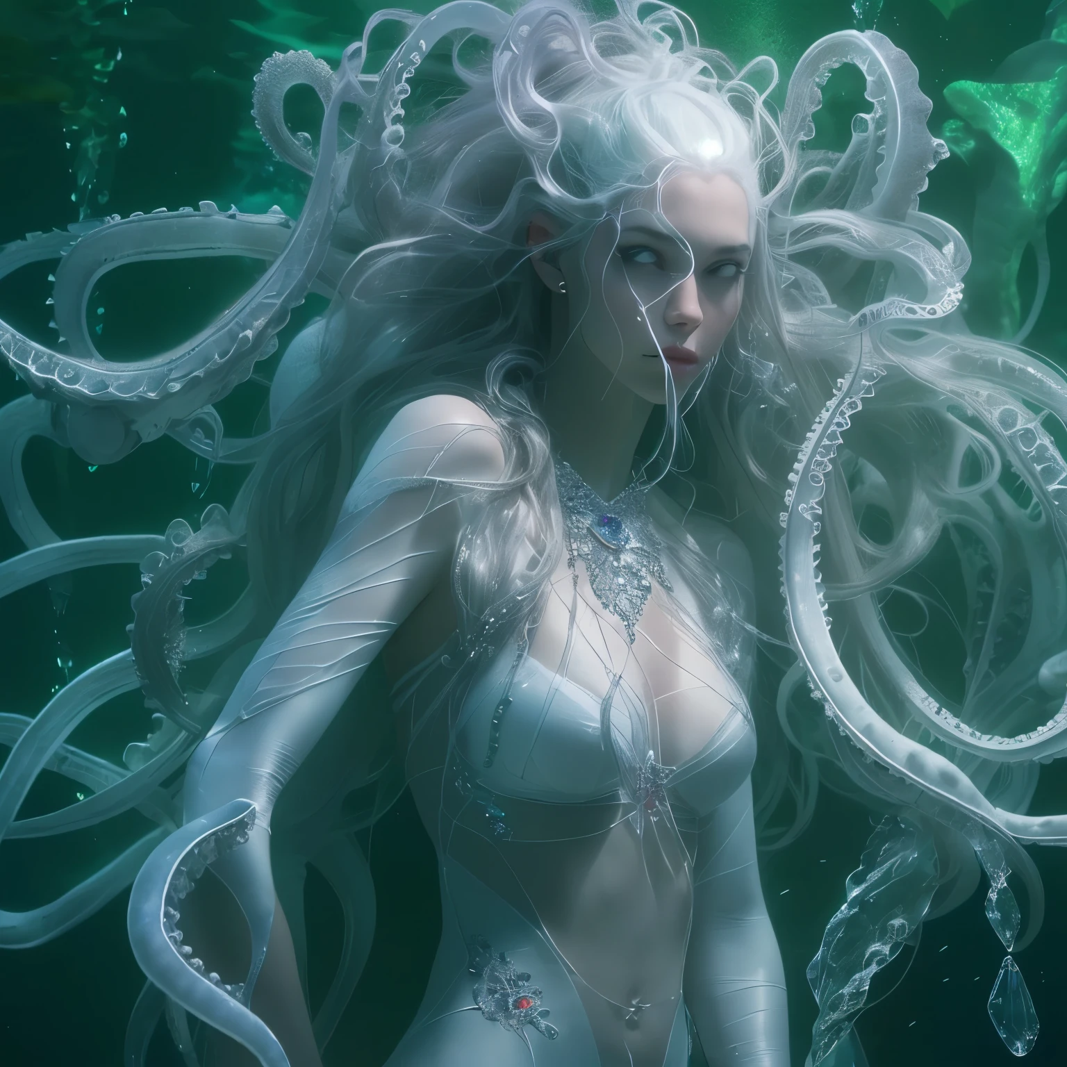 "(better lighting, dark, dramatic). morning light. (1 beautiful and obscene female чужак in the water of the deep sea:1.4), he has hair like Medusa, (Many poisonous translucent white tentacles emerge from her head.), She has big black eyes., (She has crystal clear white skin:1.6), (She has multiple биолюминесценция organs on the side of her white tentacles:1.5), (Her body is covered with an iridescent exoskeleton), (90's found footage vhs, dvd scanlines, film grain, film noise, realistic, cinematic)