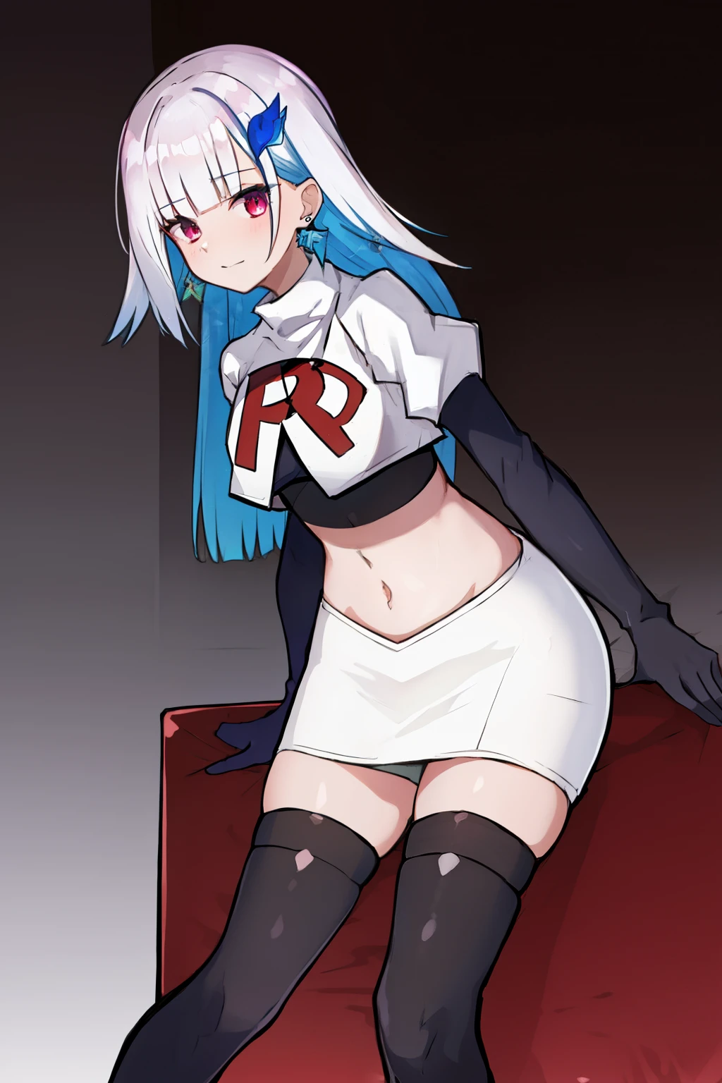 1 girl, alone ,hair covers one eye, hair ornaments ,earrings ,team rocket,team rocket uniform,white skirt,red letter R,crop top,black thigh-highs,black elbow gloves