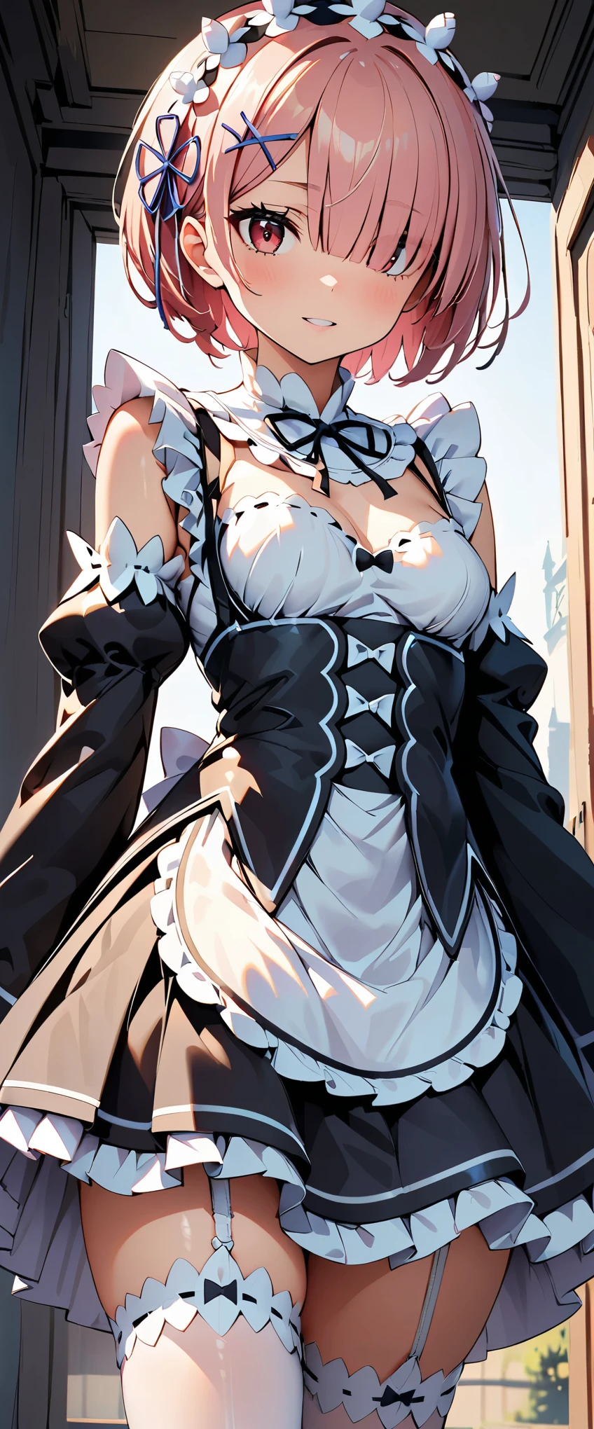 (highest quality:1.2, Very detailed, Latest, Vibrant, Super Detail, Ultra-high resolution, High Contrast, masterpiece:1.2, highest quality, Best aesthetics, aya:0.9), alone, (1 female), ram \(re:zero\), pink hair, white thighhighs, short hair, red eyes, hair over one eye, hair ribbon, x hair ornament, maid headdress, waist apron, garter straps, black ribbon, small breasts, detached sleeves, neck ribbon, hair flower,  roswaal mansion maid uniform, Dynamic Angle, Random Pause, Very detailedな顔と肌の質感, Cowboy Shot,