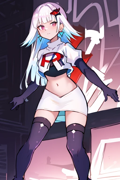 1 girl, alone ,hair covers one eye, hair ornaments ,earrings ,team rocket,team rocket uniform,white skirt,red letter R,crop top,black thigh-highs,black elbow gloves