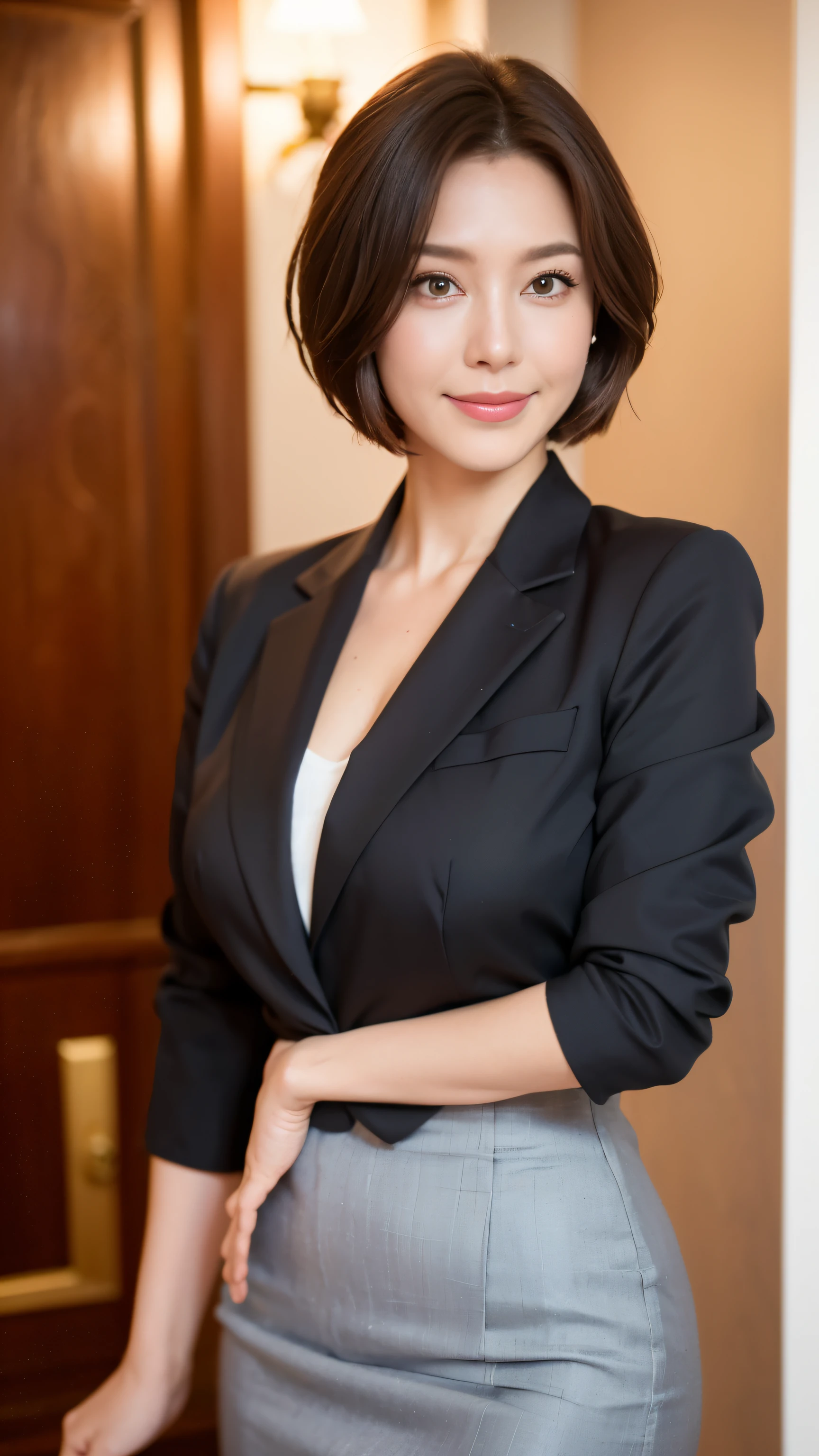 masterpiece,highest quality, (Mature Woman、42 years old), ((close:0.5)), ((Cross Arm)), Glare, (Grey blazer), (White shirt:1.2), (Pencil Skirt:1.4)double eyelid, eyelash, Lip gloss, (smile:1), ((close your eyes:0.85)), ((Looking at the audience、Whole body image、Are standing)), to be born, (From above:0.2), ((no one)), (Modern hotel lobby:1.6)、(Short boule:1.2)、Written boundary depth、尖ったRed Mouth、(Reddish brown wet shiny short hair),Red Mouth,clavicle、(Full body portrait:1.6)、digital illustration, (Photorealistic:1.3),(RAW Photos.)