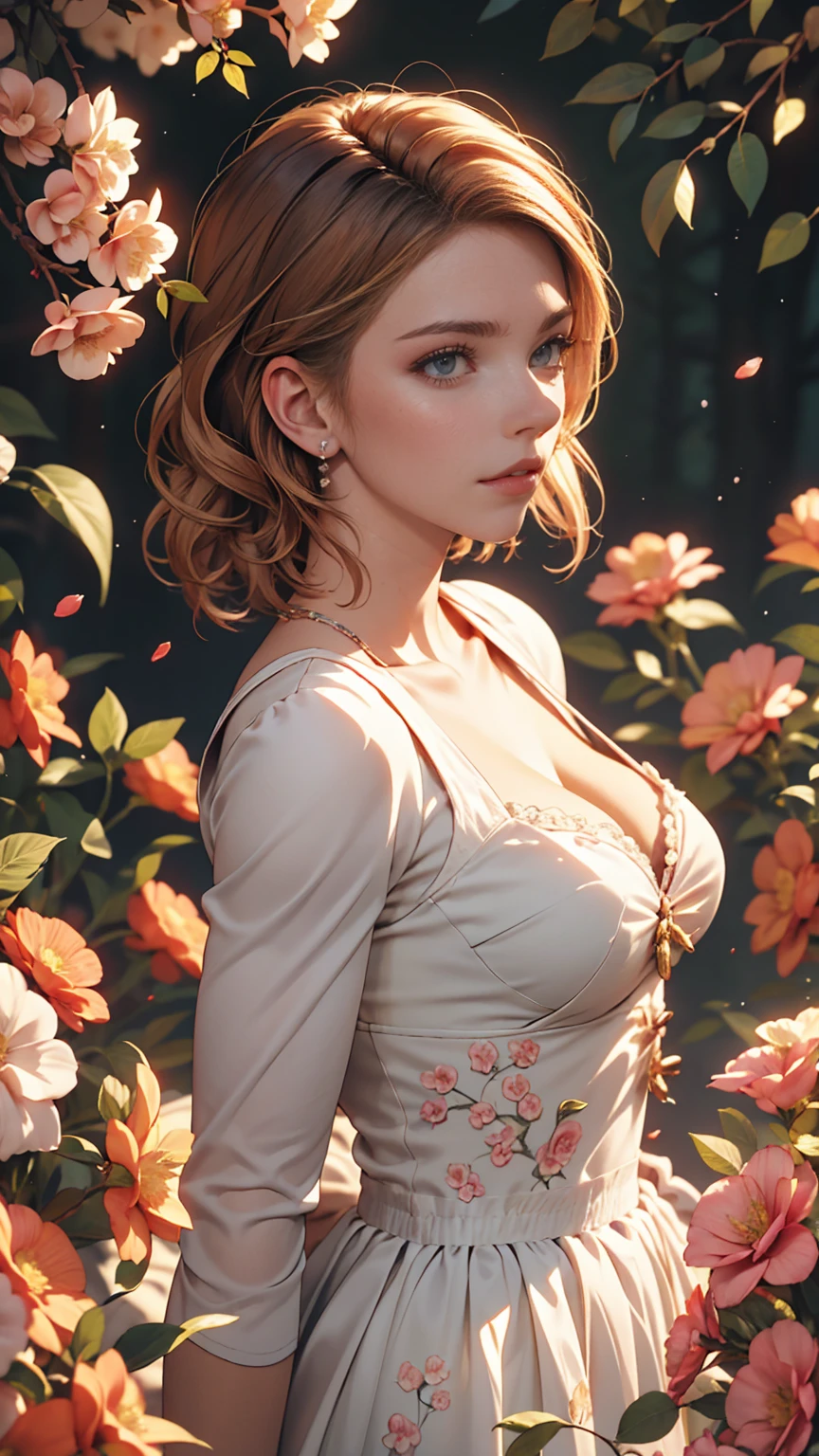 Better Quality,4K,8k,High resolution,Master Parts:1.2),Ultra-detailed,(Realistic,Realistic,Photorealistic:1.37),Portraiture,woman,long flowing hair,Whitish iris,Hollow Gaze,Plump pink lips,White flowers bloom on the tips of her hair,Interesting appearance,Medium Shot,Black Dress.Long delicate legs