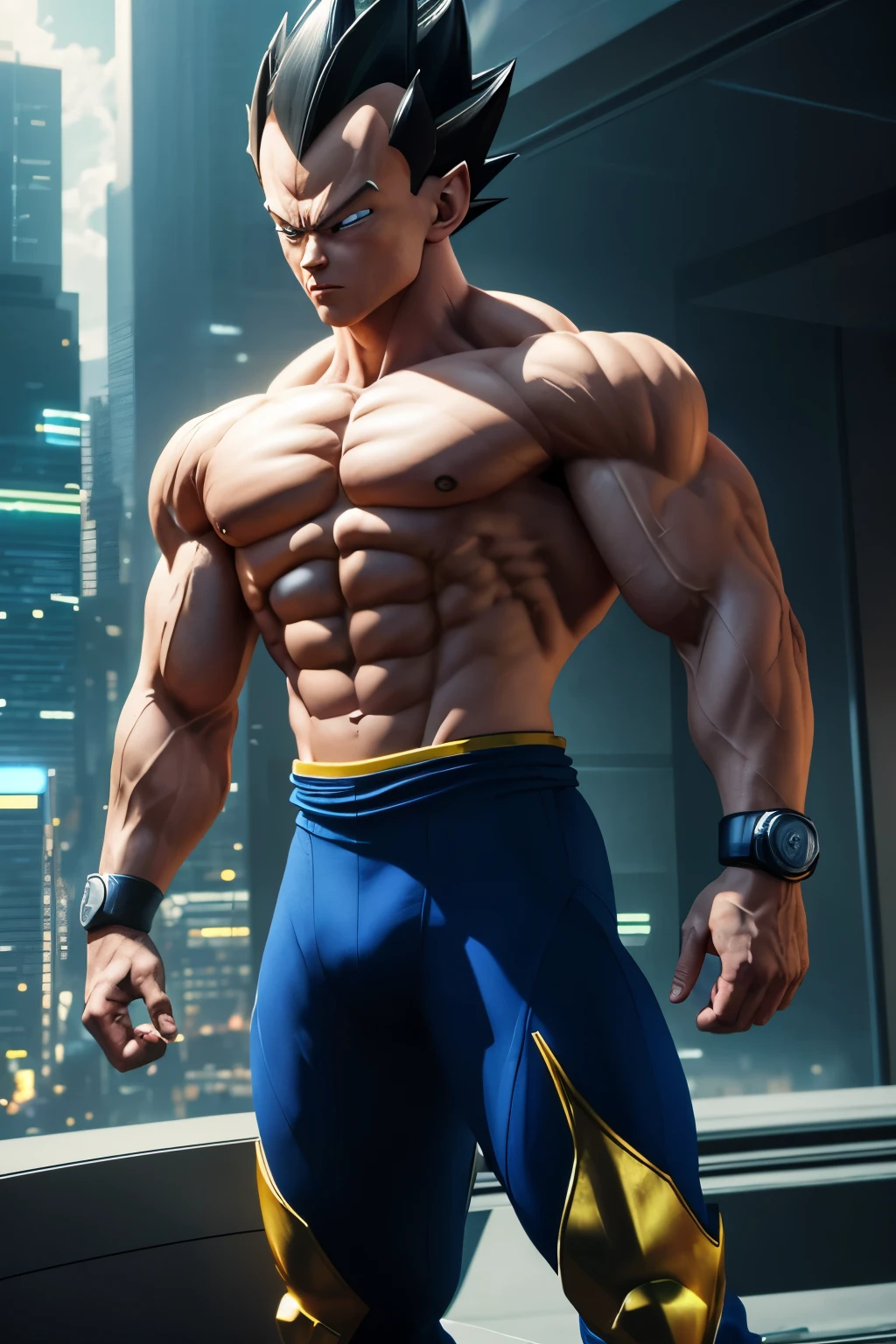 HD wallpaper of a cinematic shoot featuring Vegeta, the iconic Saiyan prince, standing on a futuristic cityscape. The best house in the background is rendered with extreme and hyper detail, showcasing its modern architecture and sleek design. The scene exudes a cinematic atmosphere with rich colors and dramatic lighting, creating an engaging and visually stunning image. The hyperrealistic details of Vegeta's strong physique and distinct facial features are captured with photorealistic precision. This masterpiece, composed of 32K resolution pixels, is a true testament to the power of high-end digital visuals. Captured on a top-tier photography setup, including a