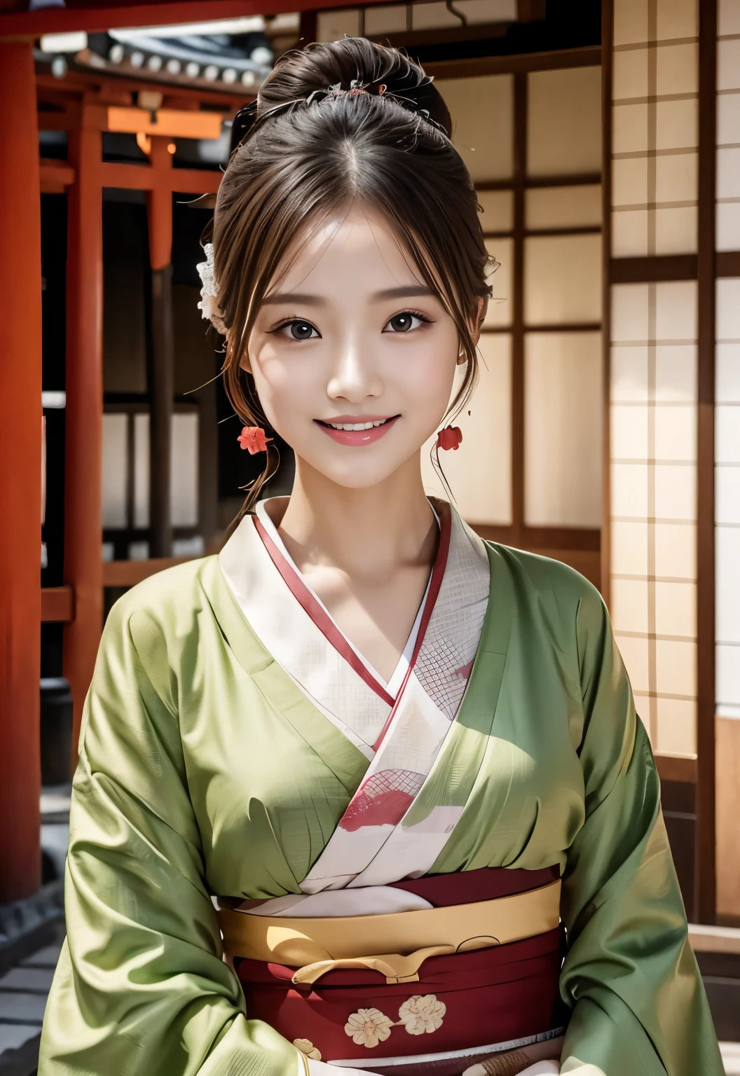 (masterpiece, best quality:1.1), (8k, raw photo, photo realistic:1.2, f22), (shiny skin), detailed skin,Chignon,detailed face, detailed eyes,smile,BREAK, real world, intricate details, smil, BREAK, 1girl, (kimono), BREAK, (kyoto:1.4), BREAK