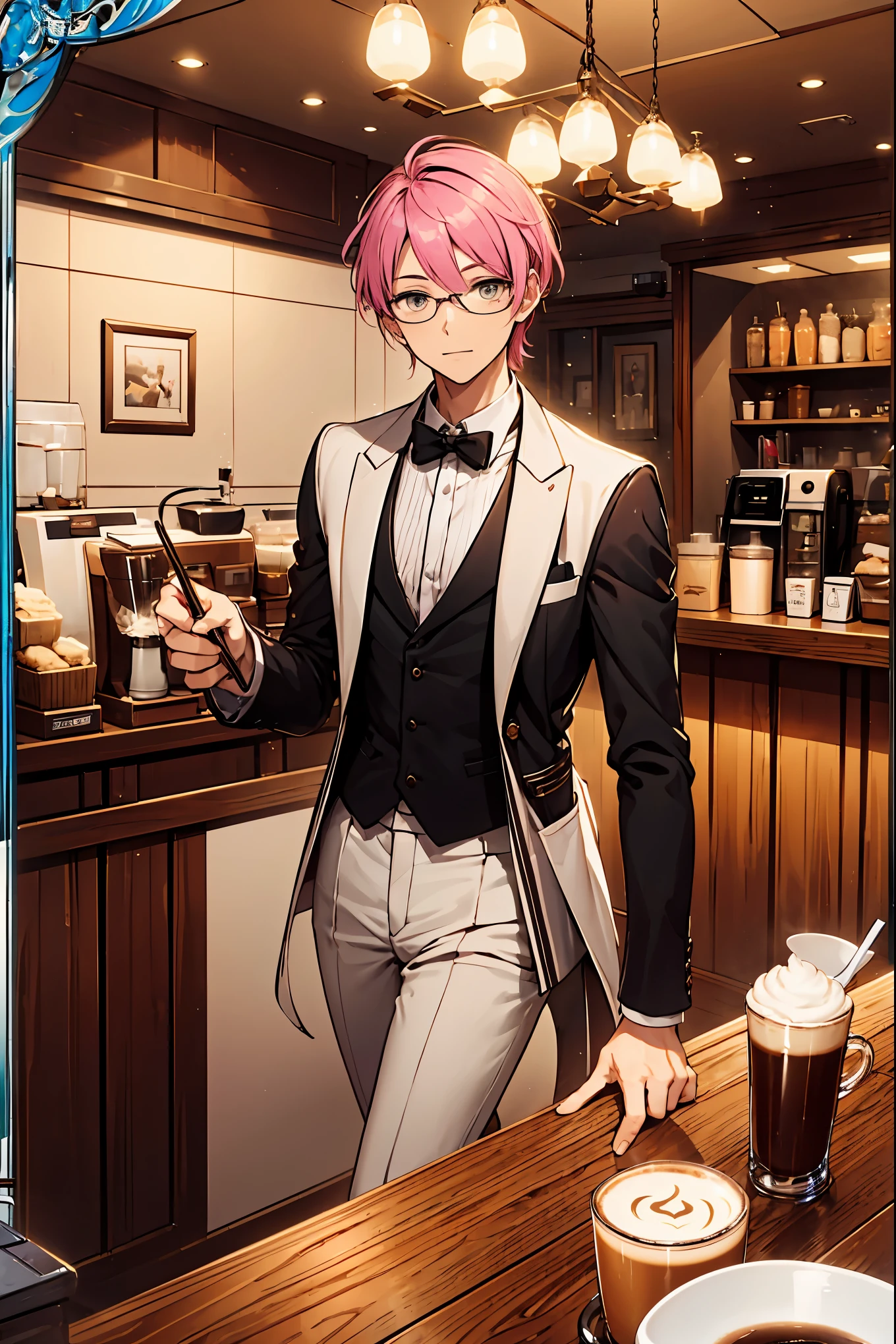 (Best quality, A high resolution, Textured skin, High quality, High details, Extremely detailed CG unity), (male), handsome male, short hair, buzz cut hair, grey eyes, pink hair, tuxedo, Enchanted，having fun， barista in fantasy world, exquisite costumes，solo person, day, Dazzle, male, handsome, (coffee shop), (in coffee shop), more details, detailed art studio scene, art studio detailed, (holding coffee:1), coffee materials, coffee tools, espresso machine, coffee beans, latte drinks, coffee drinks everywhere, distinguished coffee shop