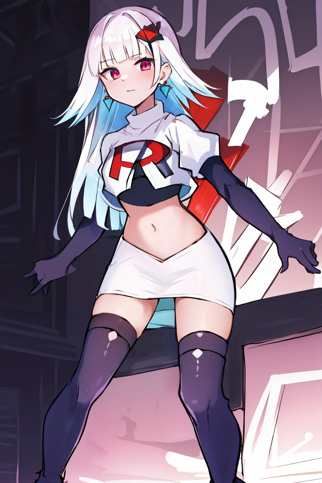 1 girl, alone ,hair covers one eye, hair ornaments ,earrings ,team rocket,team rocket uniform,white skirt,red letter R,crop top,black thigh-highs,black elbow gloves