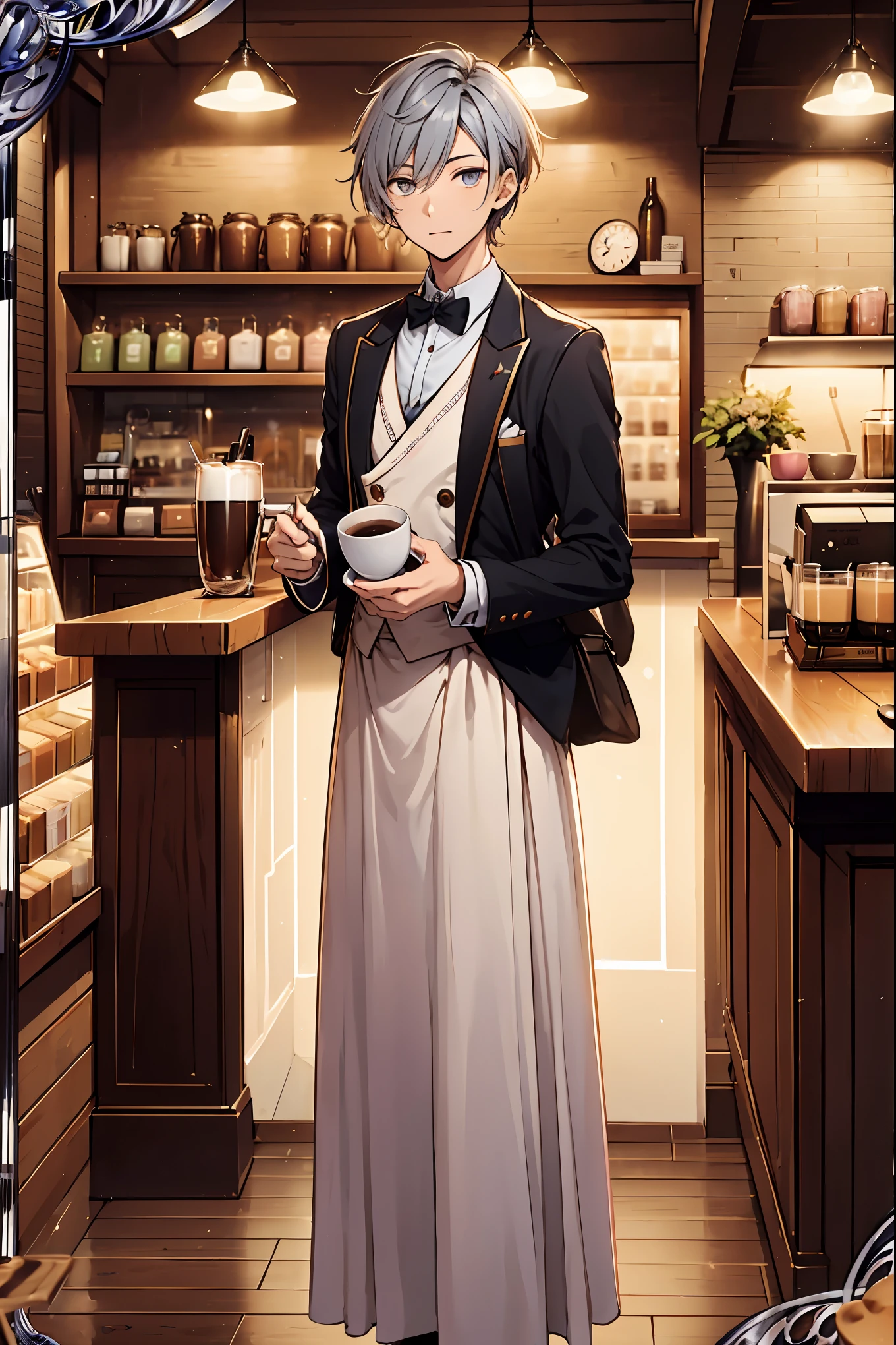 (Best quality, A high resolution, Textured skin, High quality, High details, Extremely detailed CG unity), (male), handsome male, short hair, buzz cut hair, grey eyes, pink hair, tuxedo, Enchanted,having fun, barista in fantasy world, exquisite costumes,solo person, day, Dazzle, male, handsome, (coffee shop), (in coffee shop), more details, detailed art studio scene, art studio detailed, (holding coffee:1), coffee materials, coffee tools, espresso machine, coffee beans, latte drinks, coffee drinks everywhere, distinguished coffee shop