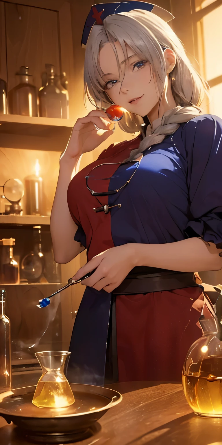 (masterpiece, best quality:1.3), (close to viewer:1.3), Yagokoro Eirin, Touhou Series, perfect face, expressive eyes, 1woman, looking at viewer, 38 years old, gorgeous body, big breast, beautiful, anime, lora,1woman, silver hair, braid hair, nurse cap, red and blue clothes, long skirt, (evil look, looks down on viewer:1.5), (cinematic lighting, realistic, dream-like, enchanting atmosphere:1.3), (photo of a woman in her dark and mysterious environment:1.3), (the woman surrounded by an aura of mystery and intrigue:1.3), (a dark and mysterious laboratory decorated with many flasks, each filled with colorful liquids:2.0), (a crystal ball nearby, adding to the mystical setting:1.3), (a hint of incense in the air, adding to the sensory experience:1.3),
