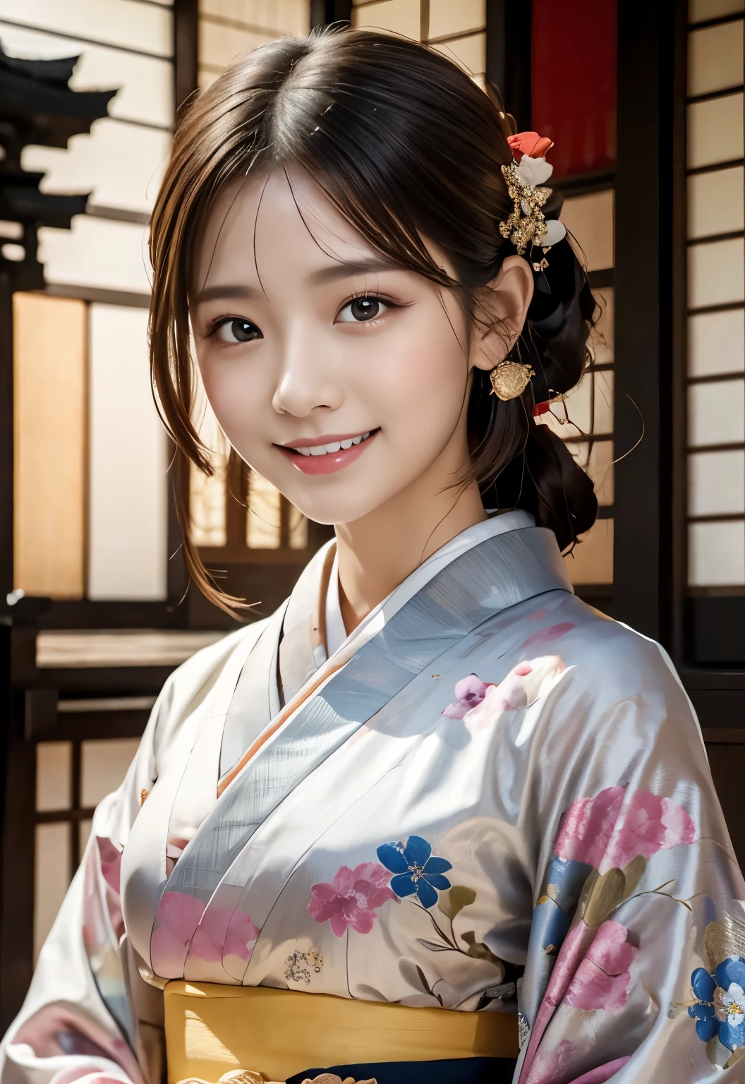 (masterpiece, best quality:1.1), (8k, raw photo, photo realistic:1.2, f22), (shiny skin), detailed skin,Chignon,detailed face, detailed eyes,smile,BREAK, real world, intricate details, smil, BREAK, 1girl, (kimono), BREAK, (kyoto:1.4), BREAK