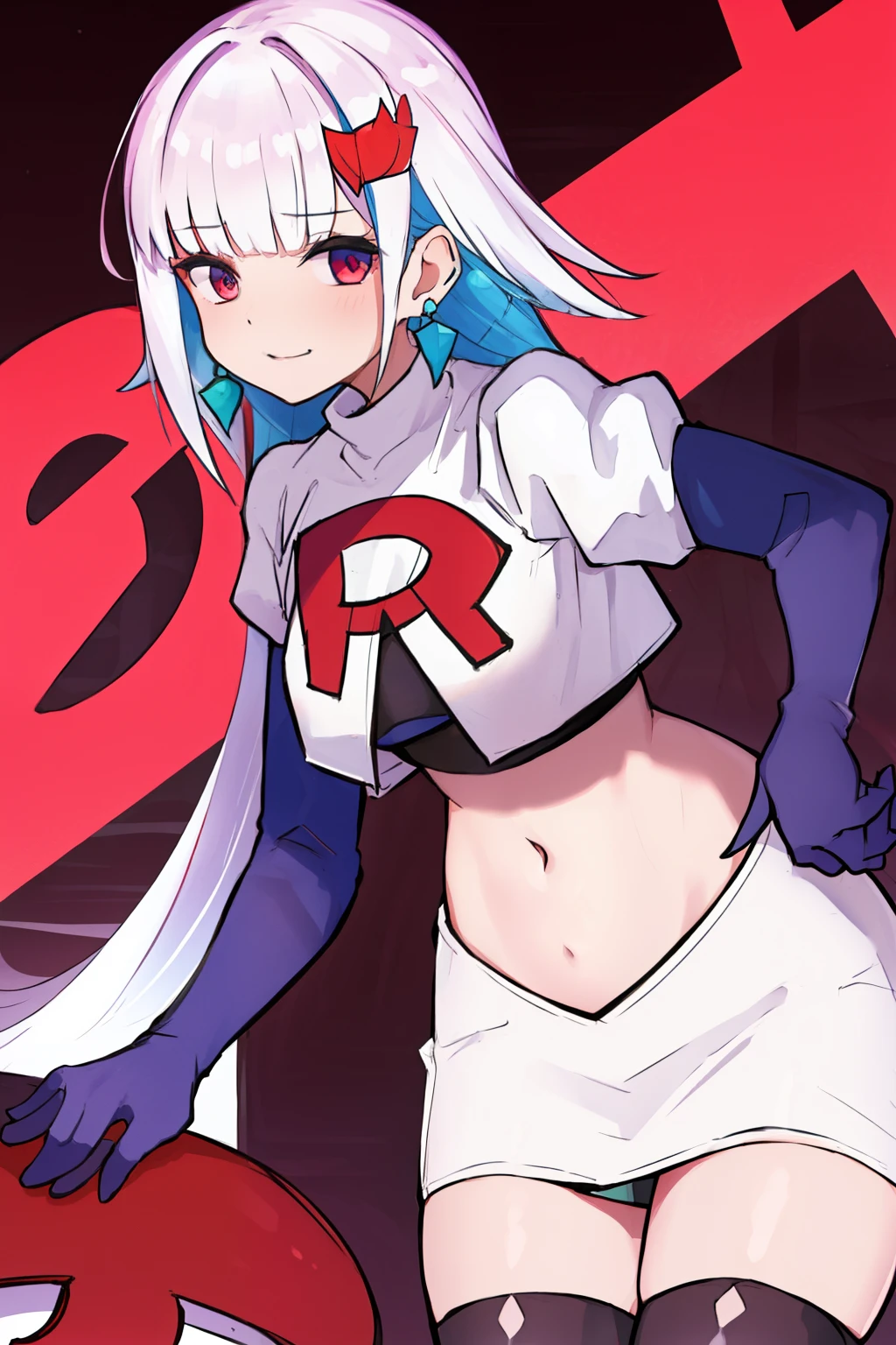 1 girl, alone ,hair covers one eye, hair ornaments ,earrings ,team rocket,team rocket uniform,white skirt,red letter R,crop top,black thigh-highs,black elbow gloves