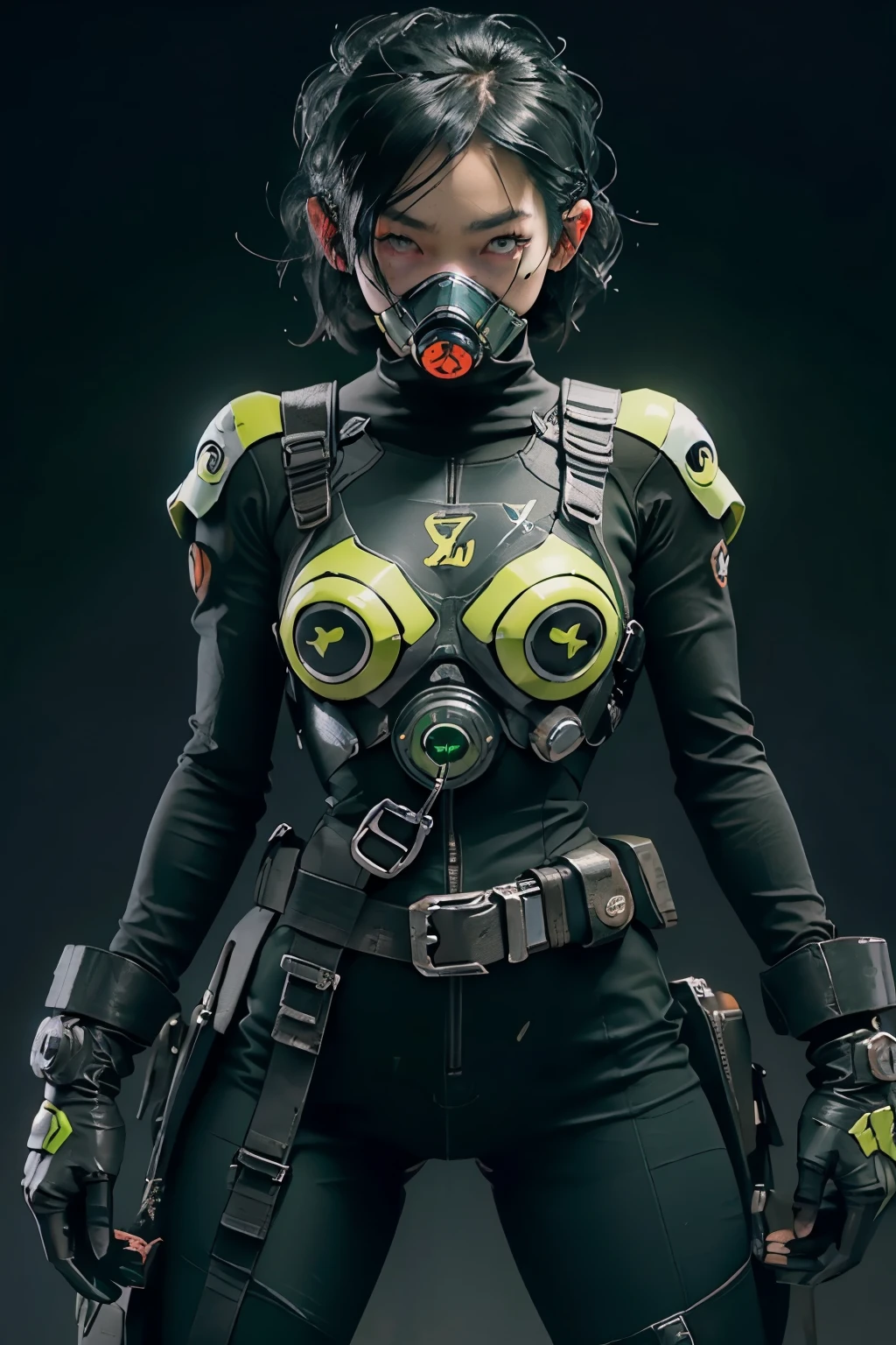 beautiful japanese young woman, extreme detailed, bodysuit, gloves, belt, thigh boots, (valorantViper:1.2), bodysuit, gloves, belt, thigh boots, respirator, looking at viewer, face, portrait, close-up, green, slender, (combat ready stance), (tactical outfit), (solo character), (gaming theme:1.5), short hair, green, (black hair), (milittary gear), (gas mask:0.4), (poisonous green:1.2), (glowing effects),