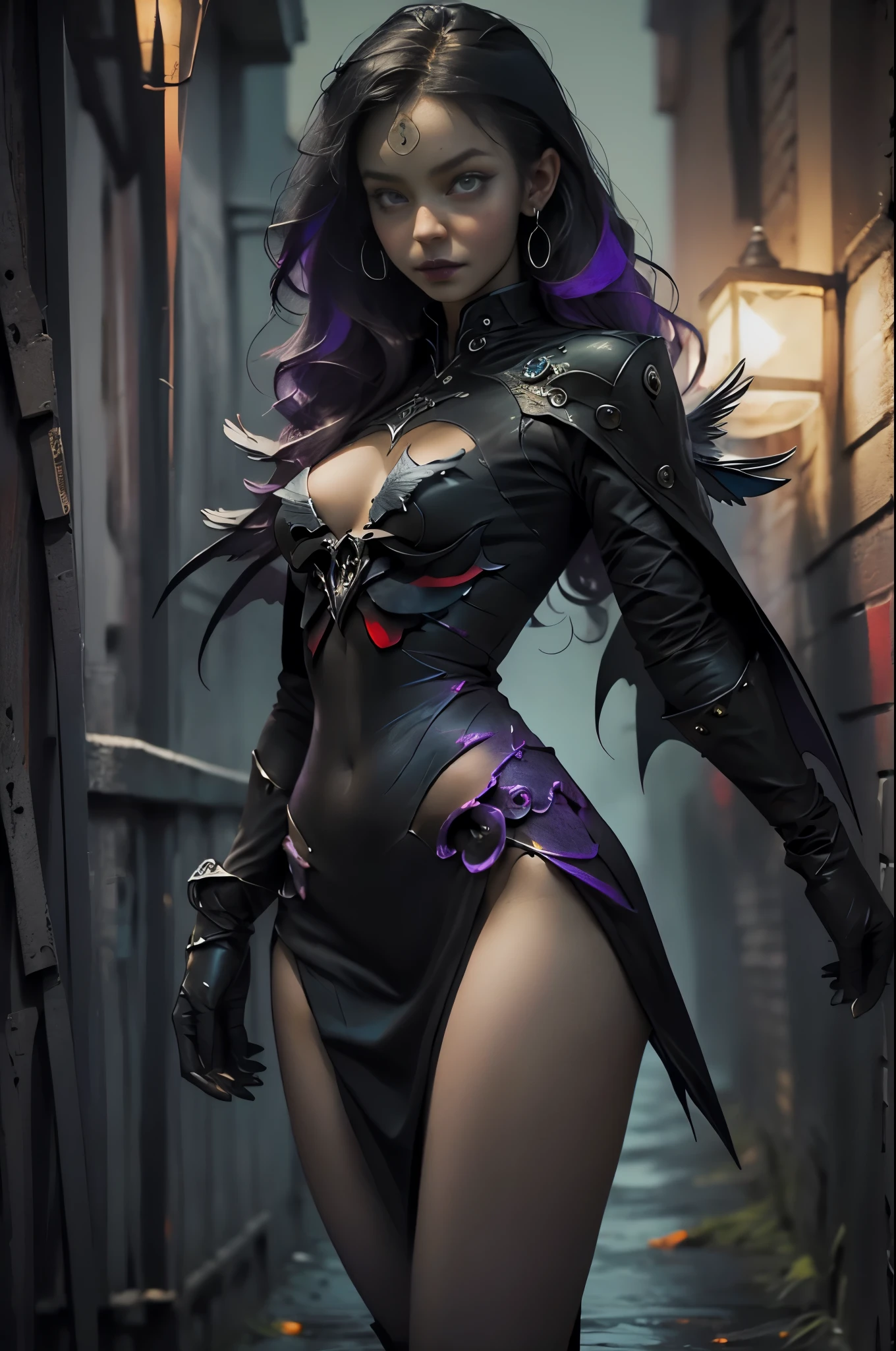 23 years old,cute boy, young man,blue skin, black With purple highlights hair, red eyes,Perfect face, androgynous, Hermaphrodite, intersex,With feminine features, and delicate body, fantasy Witch Boy Salem, Modern witch aufit,Silent Hill, Wearing clothes from 1693. The robe is two-piece,FemBoy, Gothic style sexy, Gothic style, Arriving in New York from a portal.