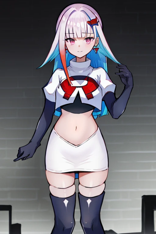 1 girl, alone ,hair covers one eye, hair ornaments ,earrings ,team rocket,team rocket uniform,white skirt,red letter R,crop top,black thigh-highs,black elbow gloves