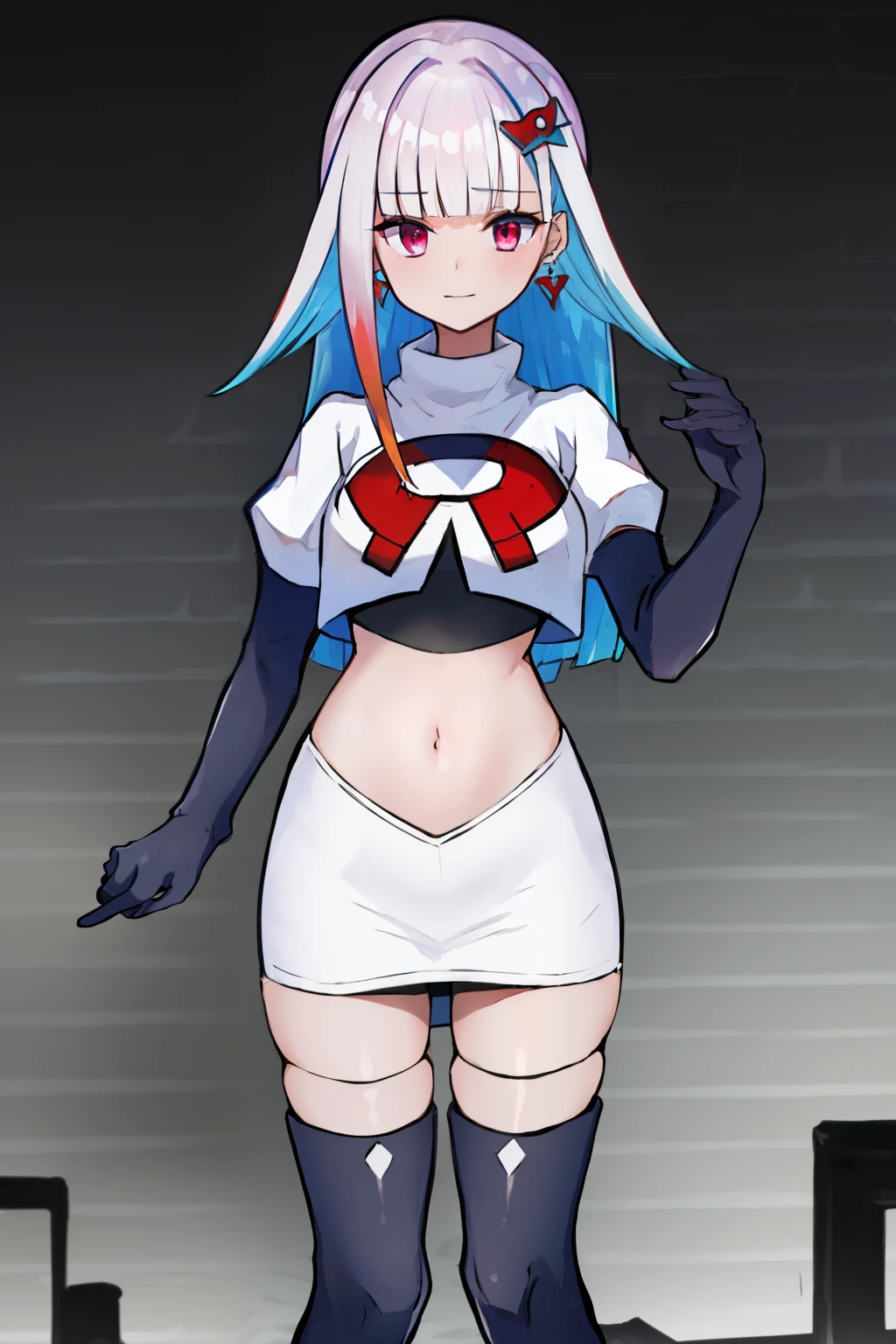 1 girl, alone ,hair covers one eye, hair ornaments ,earrings ,team rocket,team rocket uniform,white skirt,red letter R,crop top,black thigh-highs,black elbow gloves