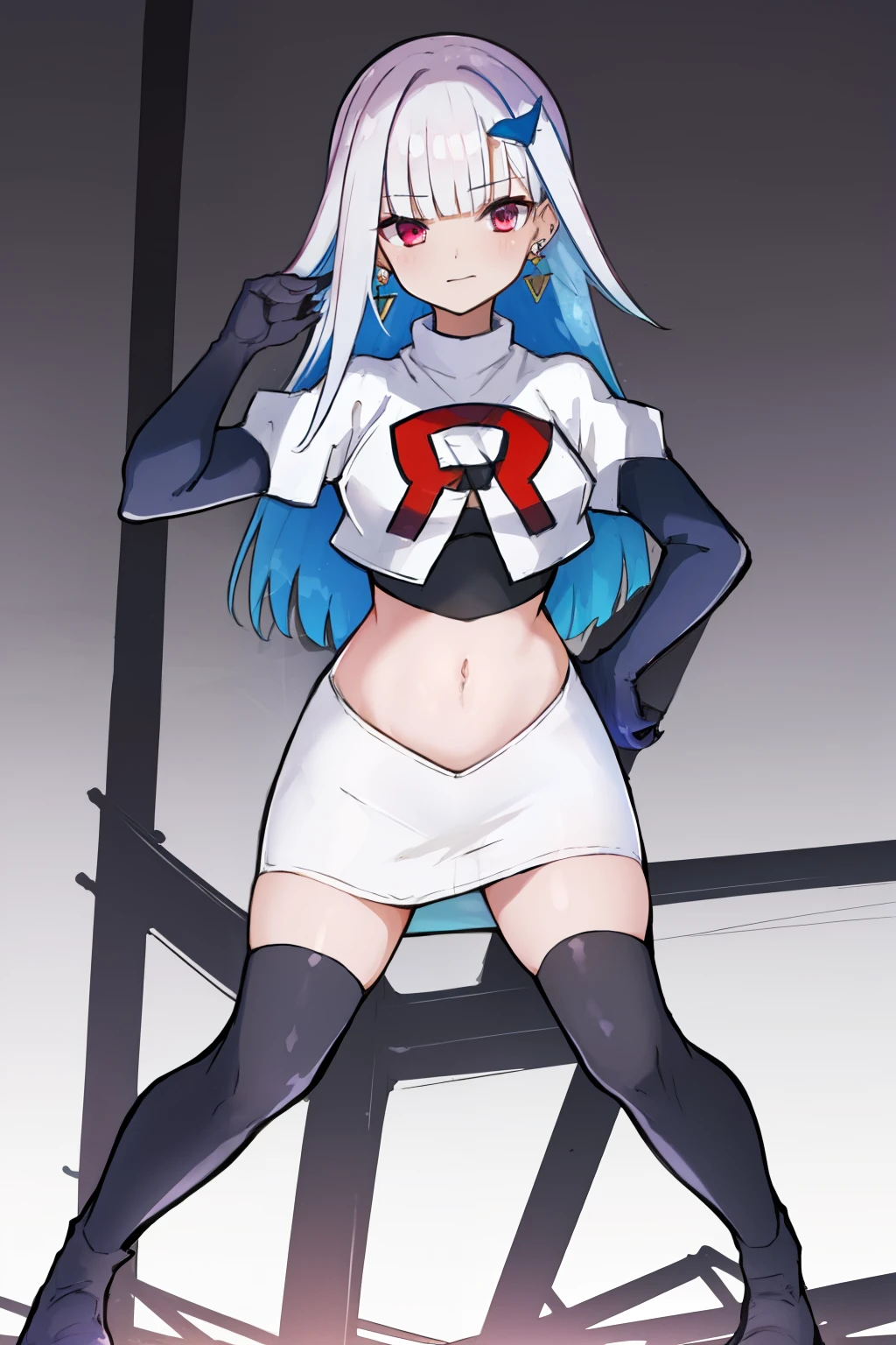 1 girl, alone ,hair covers one eye, hair ornaments ,earrings ,team rocket,team rocket uniform,white skirt,red letter R,crop top,black thigh-highs,black elbow gloves