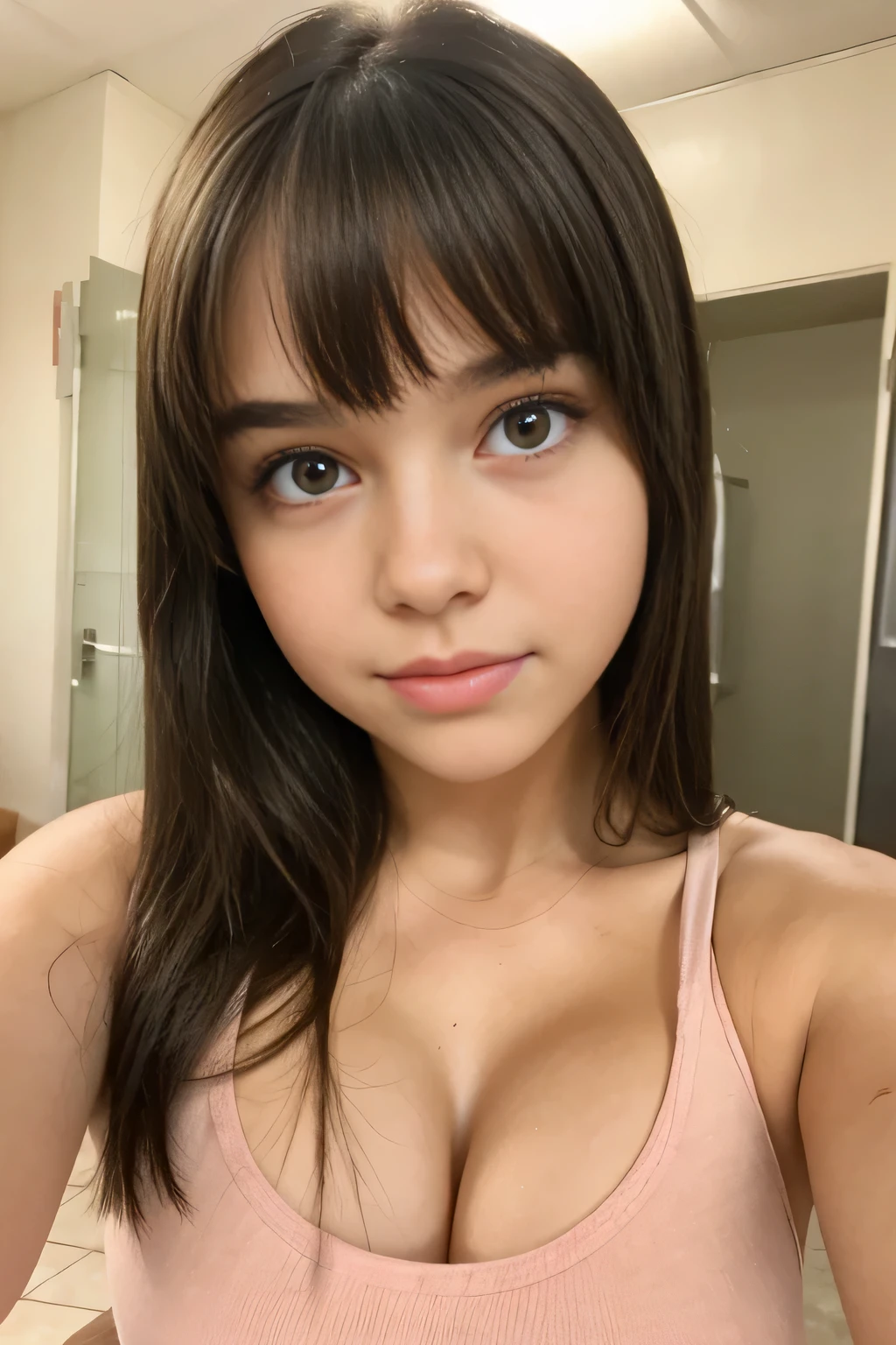 cute teen young baby face 14 years old schoolgirls selfie, tank top, cleavage, straight hair, bangs