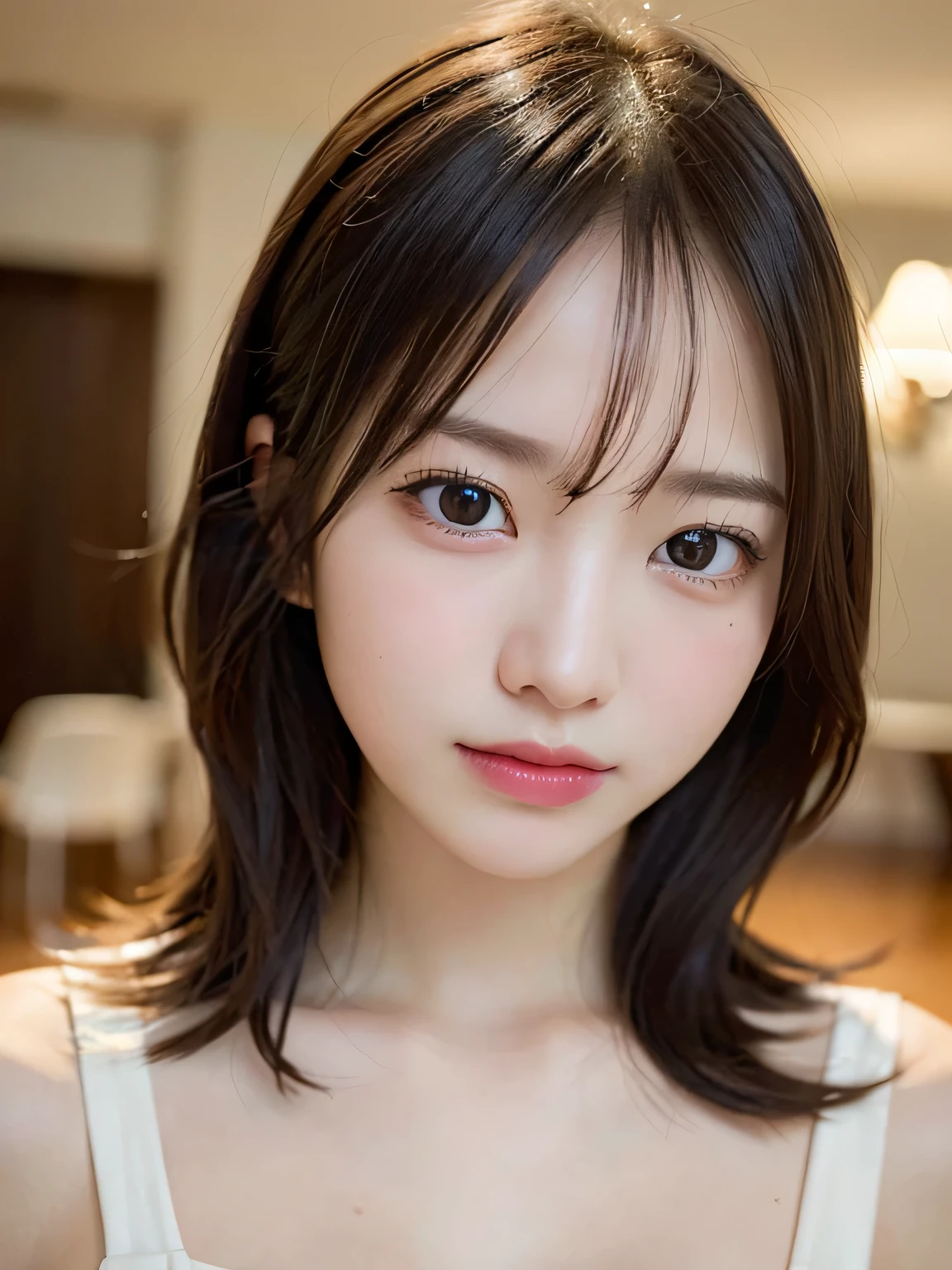 ((highest quality, 8k, Tabletop: 1.3, RAW Photos)), Sharp focus: 1.4, (1. AESPA Girl :1.1), alone, (Realistic, Realistic: 1.37), (Face Focus: 1.2), Cute face, Ultra detailed face, Short, unkempt hair, Small breasts, Flat Chest, nude, Chiffon panties, Hotel,