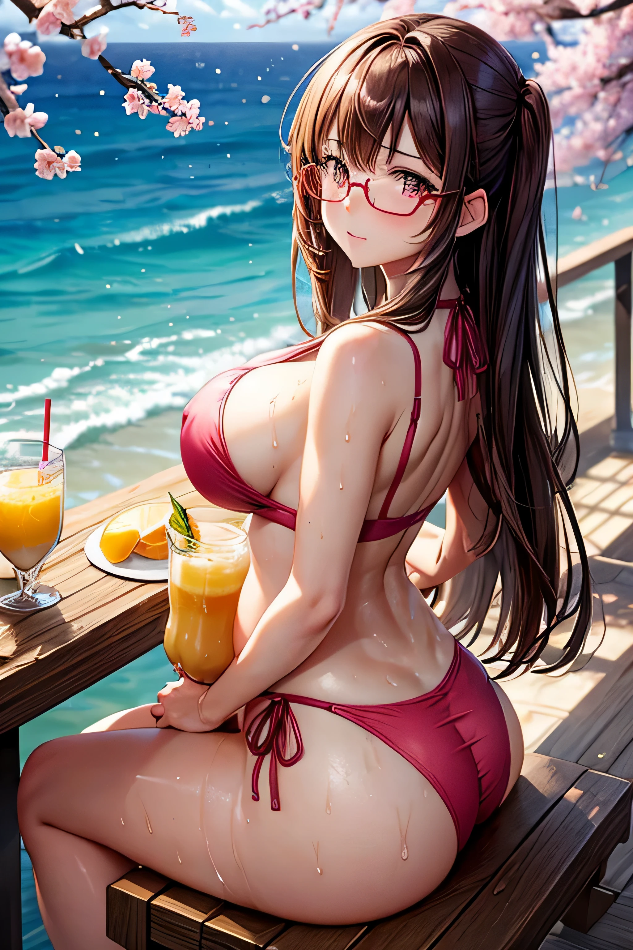 High resolution, high quality, 1 girl, Anime Girls, [[During pregnancy]],Brown long hair, Brown eyes, Pink Glasses,heart shaped pupils,Sunburned skin, Large Breasts,beautiful breasts,pointy breasts,(Big Ass),beautiful ass,Embarrassed,sundress,sweat,wet,sitting,open legs,cherryblossom,at cafe,(lemon juice),(orange juice),(Pineapple juice),(Mango juice),(water),