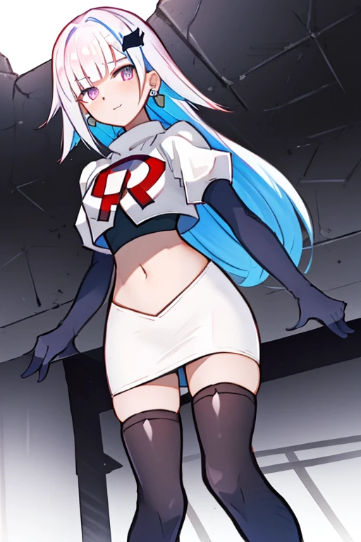 1 girl, alone ,hair covers one eye, hair ornaments ,earrings ,team rocket,team rocket uniform,white skirt,red letter R,crop top,black thigh-highs,black elbow gloves