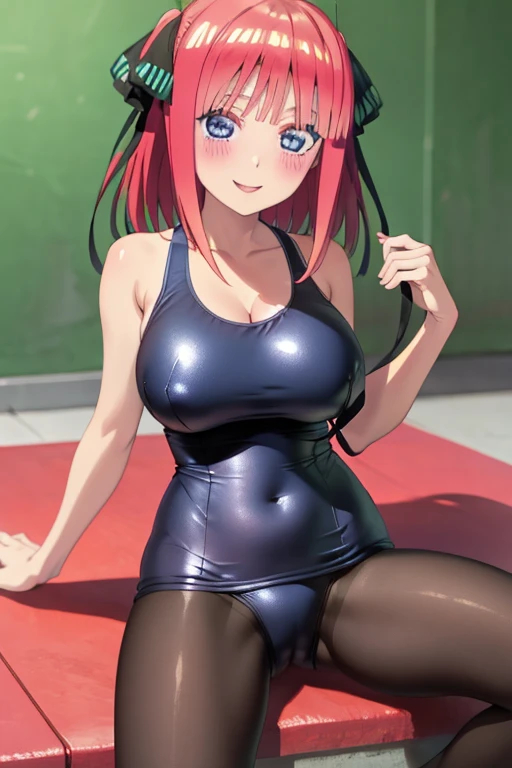 best quality, ultra-detailed masterpiece, anime art style, cute characters, nino nakano, one-piece swimsuit, large breasts, pantyhose, blush, smile