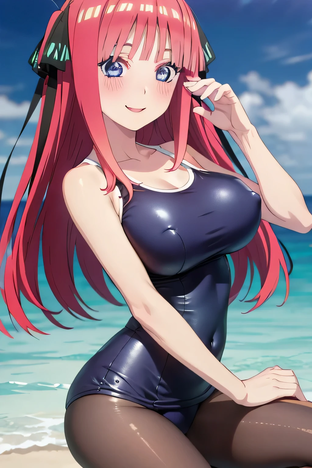 best quality, ultra-detailed masterpiece, anime art style, cute characters, nino nakano, one-piece swimsuit, large breasts, pantyhose, blush, smile